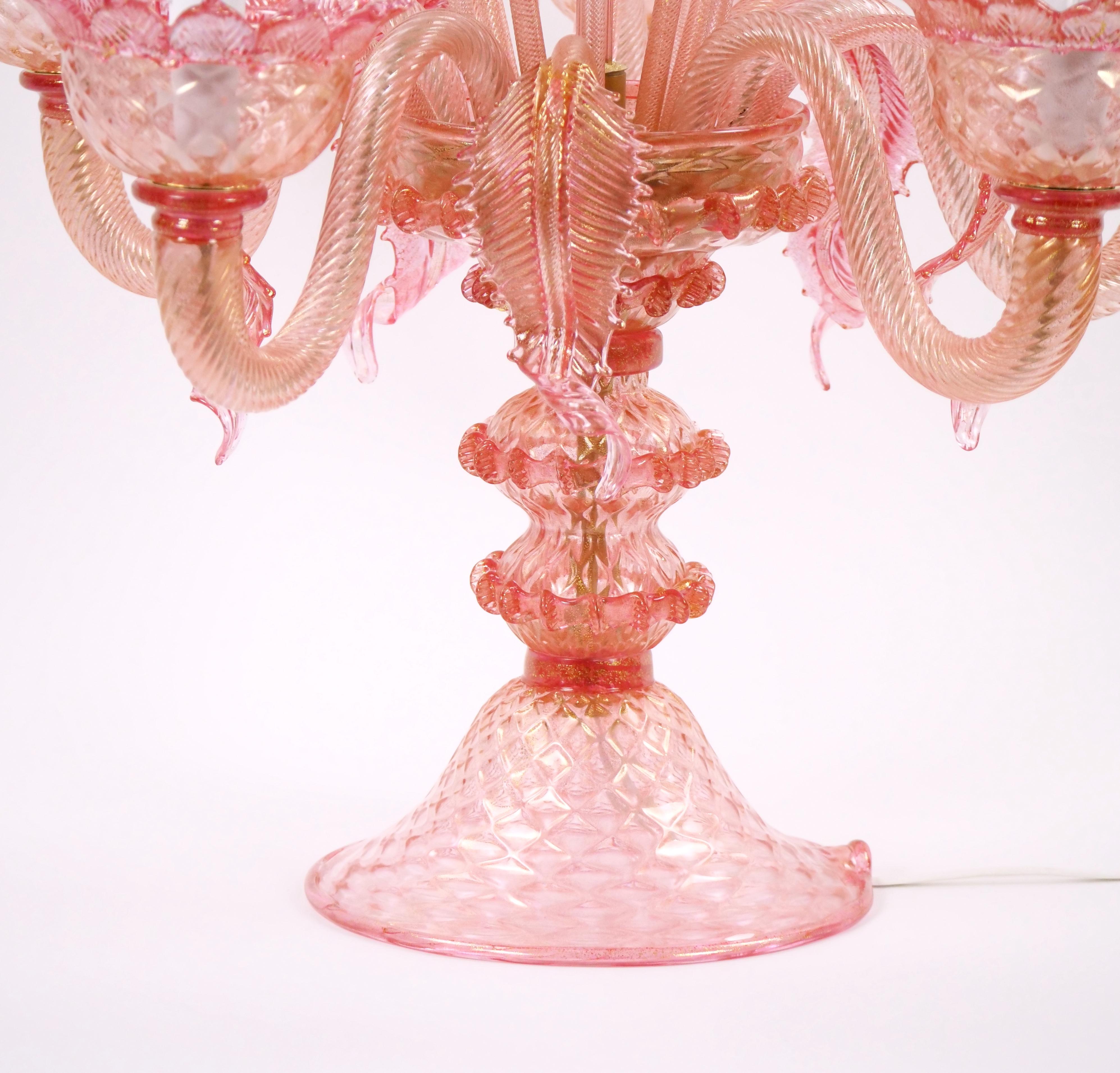 Gilt Venetian Pink Flambeau Glass Table Lamps / Gold Flecks & Brass Design For Sale