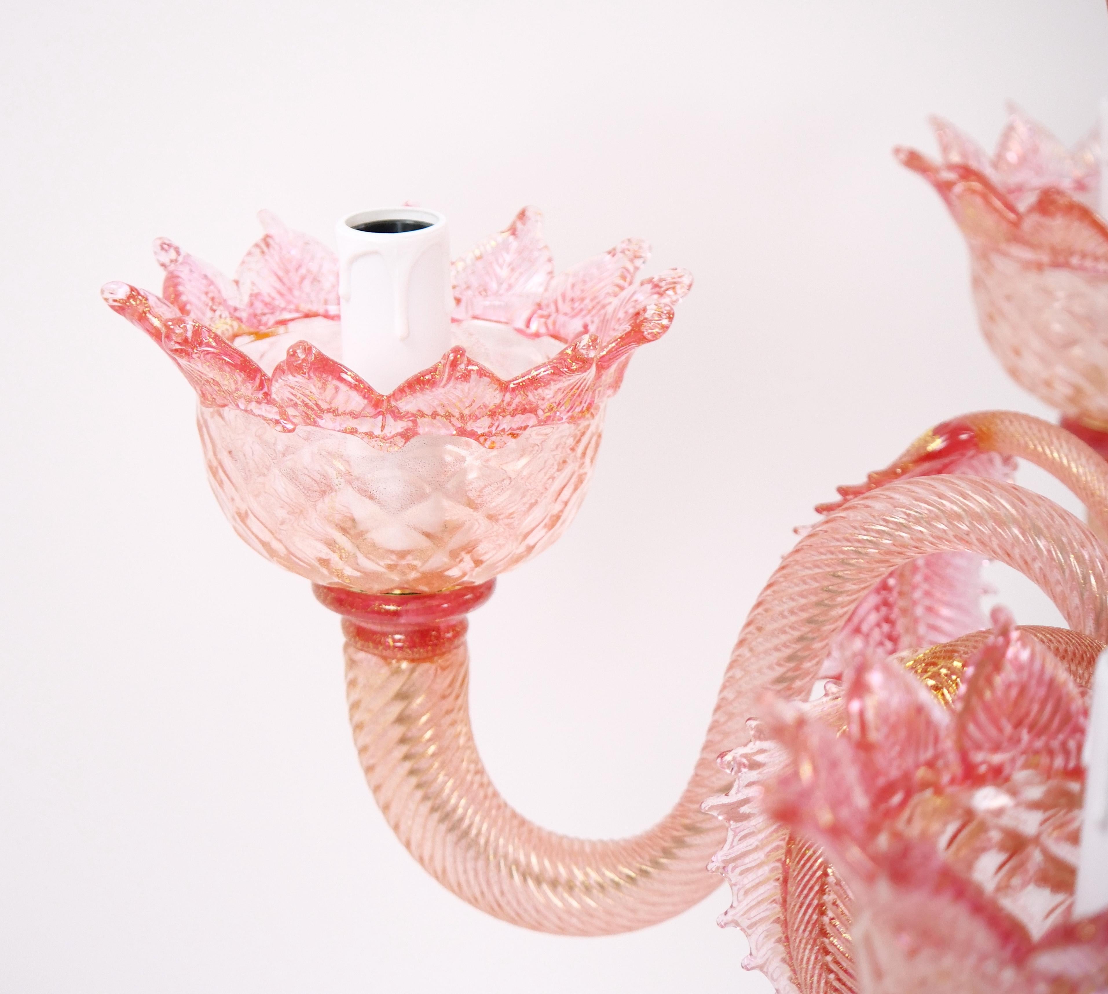 20th Century Venetian Pink Flambeau Glass Table Lamps / Gold Flecks & Brass Design For Sale