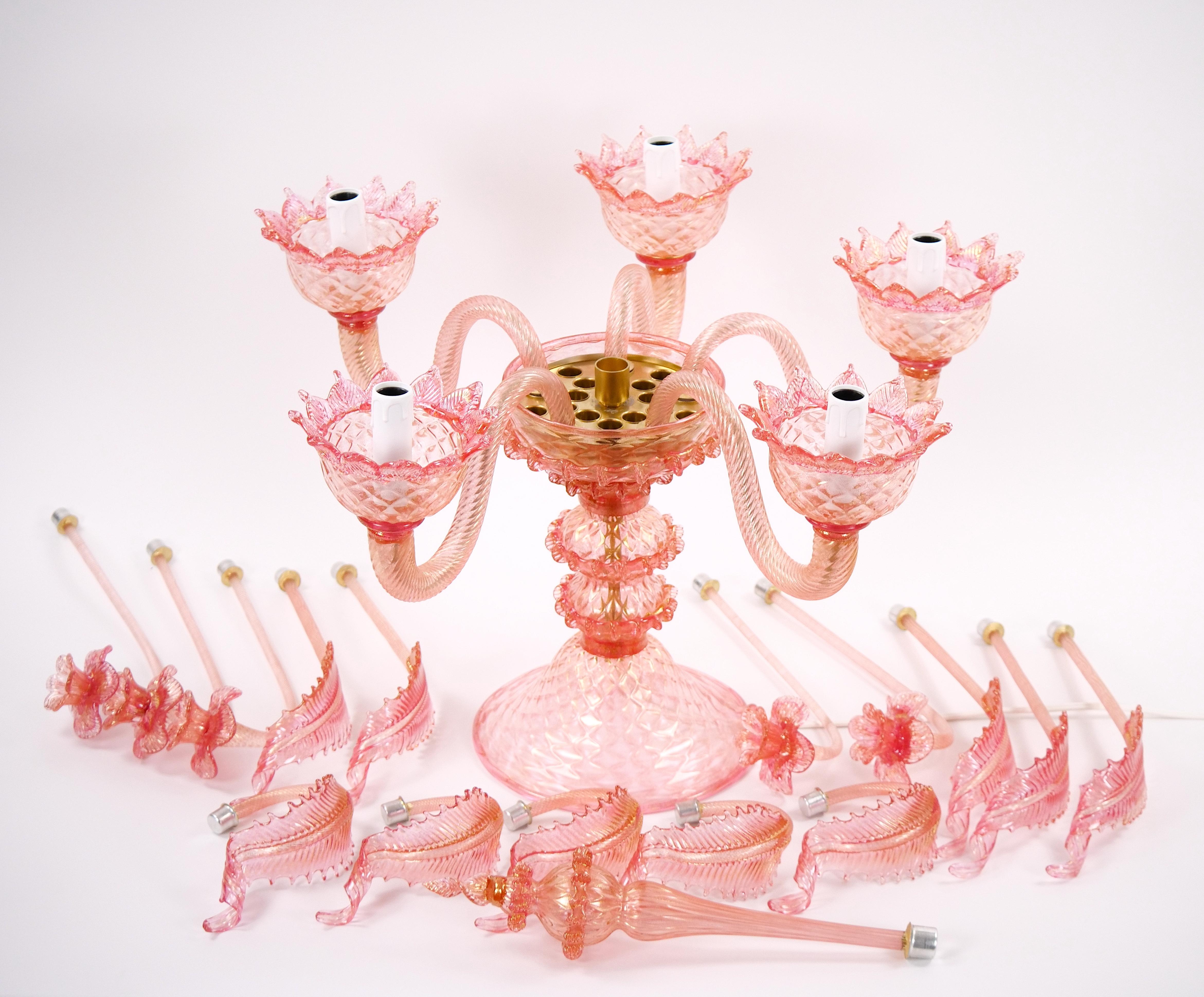 Art Glass Venetian Pink Flambeau Glass Table Lamps / Gold Flecks & Brass Design For Sale