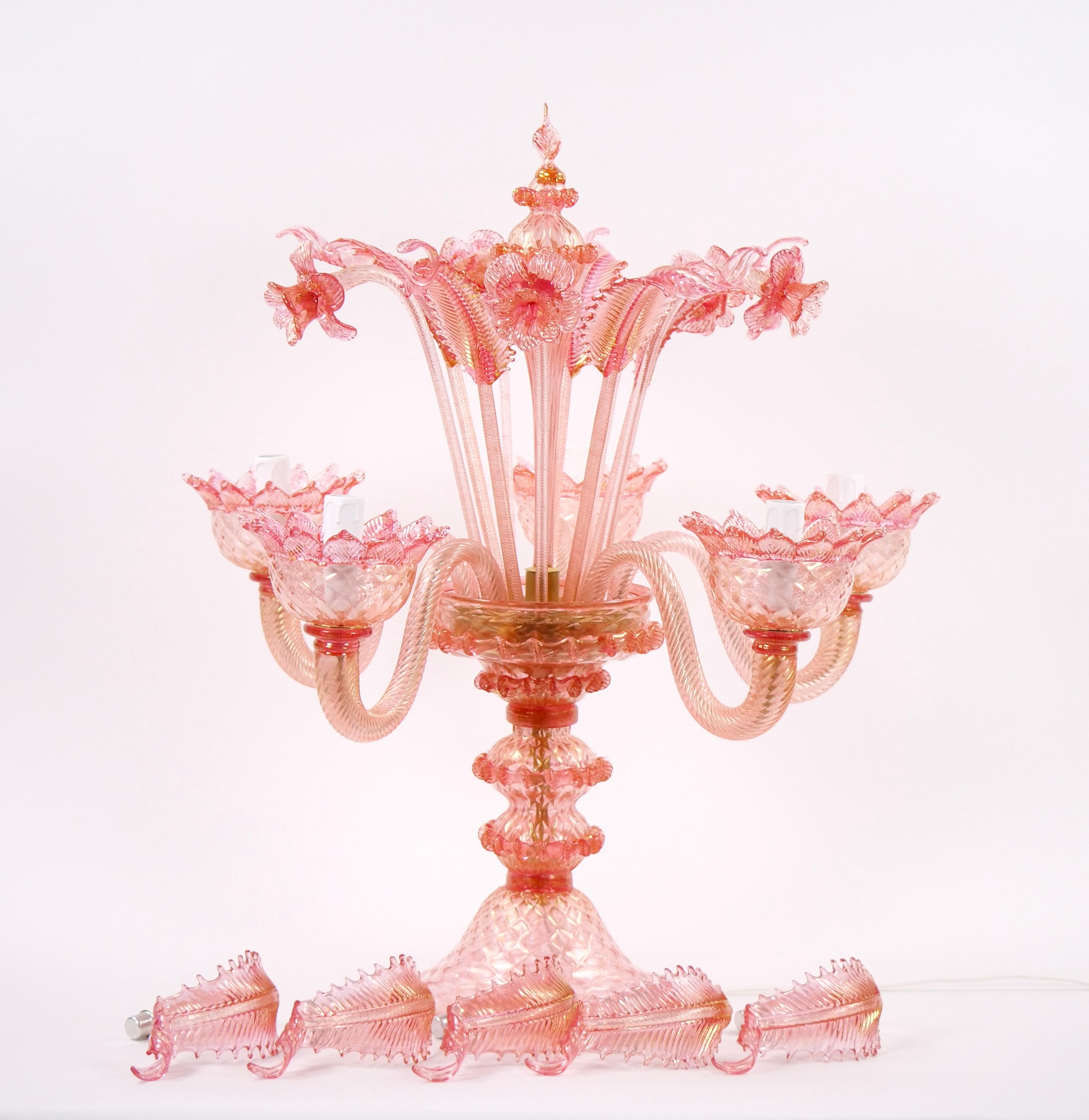 Venetian Pink Flambeau Glass Table Lamps / Gold Flecks & Brass Design For Sale 2