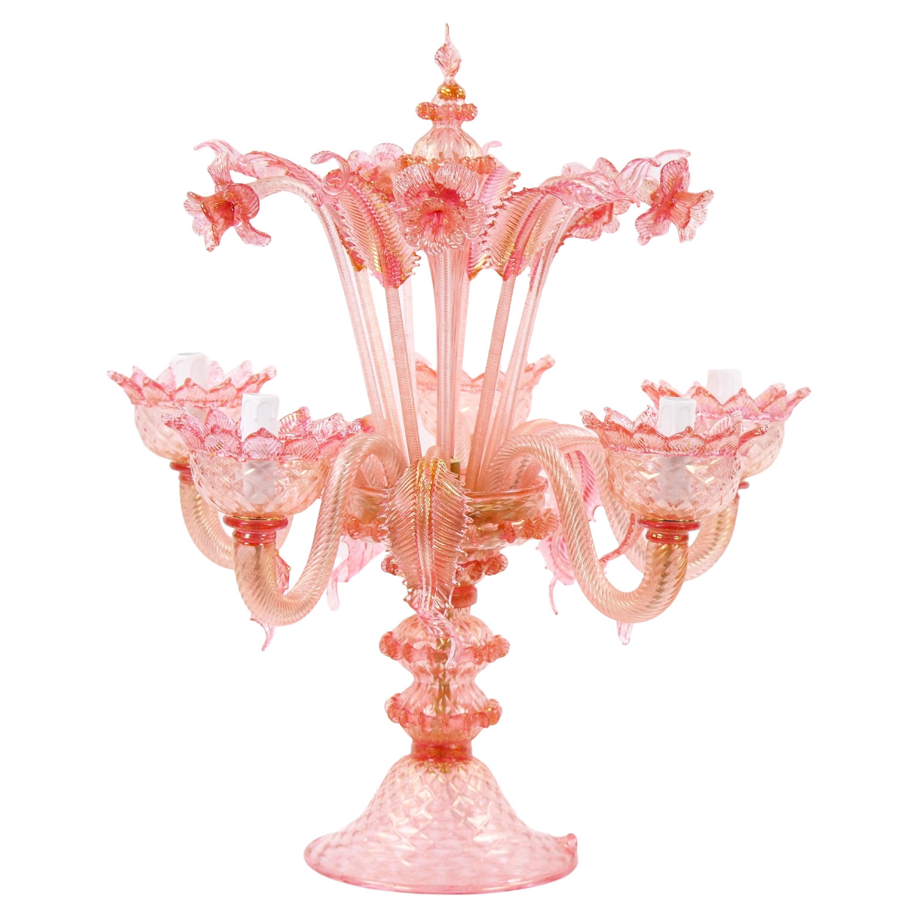 Venetian Pink Flambeau Glass Table Lamps / Gold Flecks & Brass Design