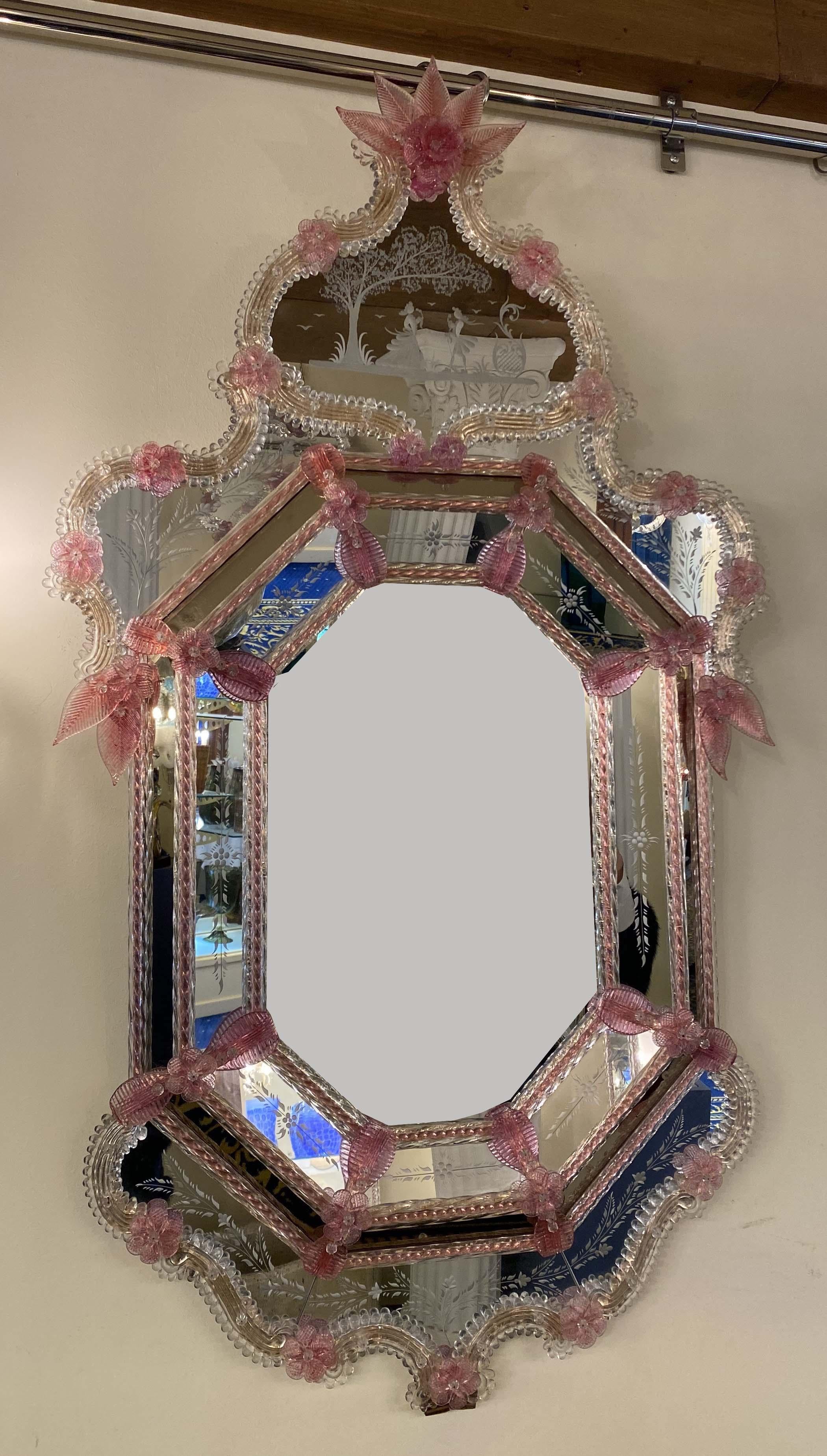 Italian Venetian Pink Flower Murano Glass Mirror