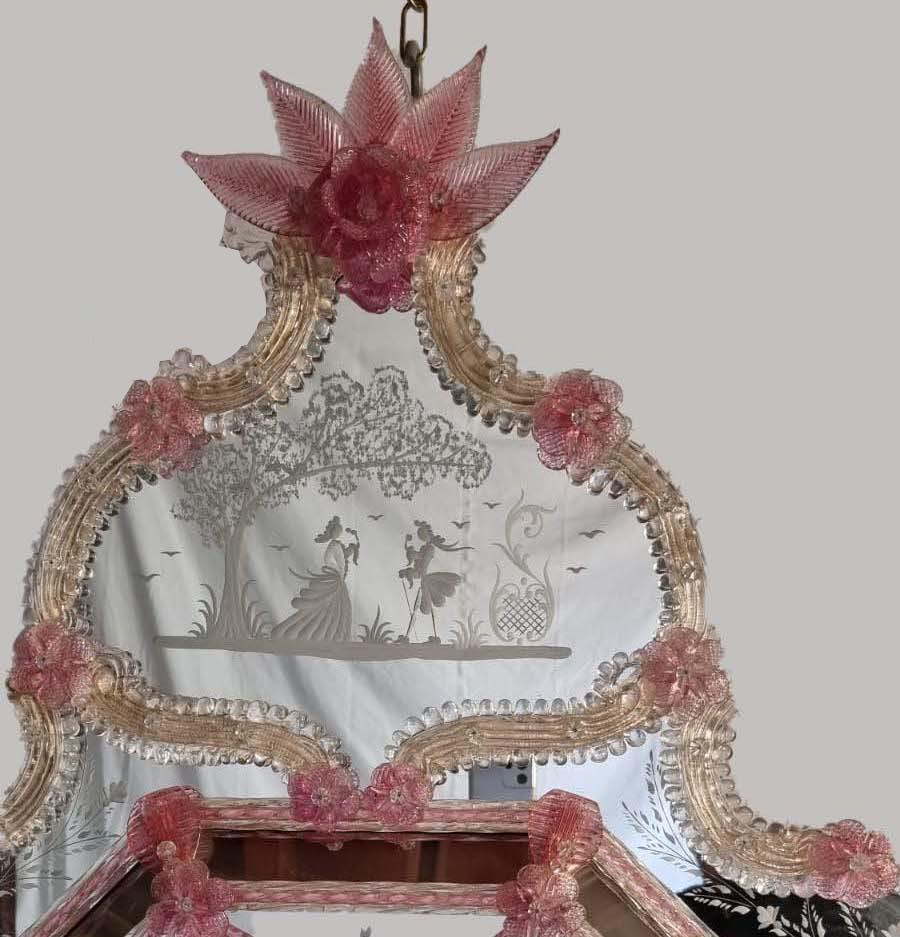 Fin du 20e siècle Miroir vénitien en verre de Murano à fleurs roses en vente