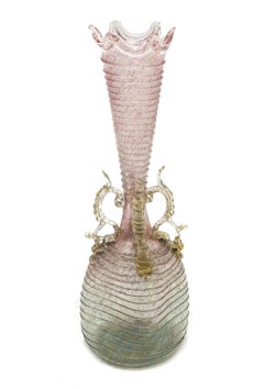 Venetian Pink to Green Art Glass Gold Fleck Quadruple Handled Vase, circa 1930