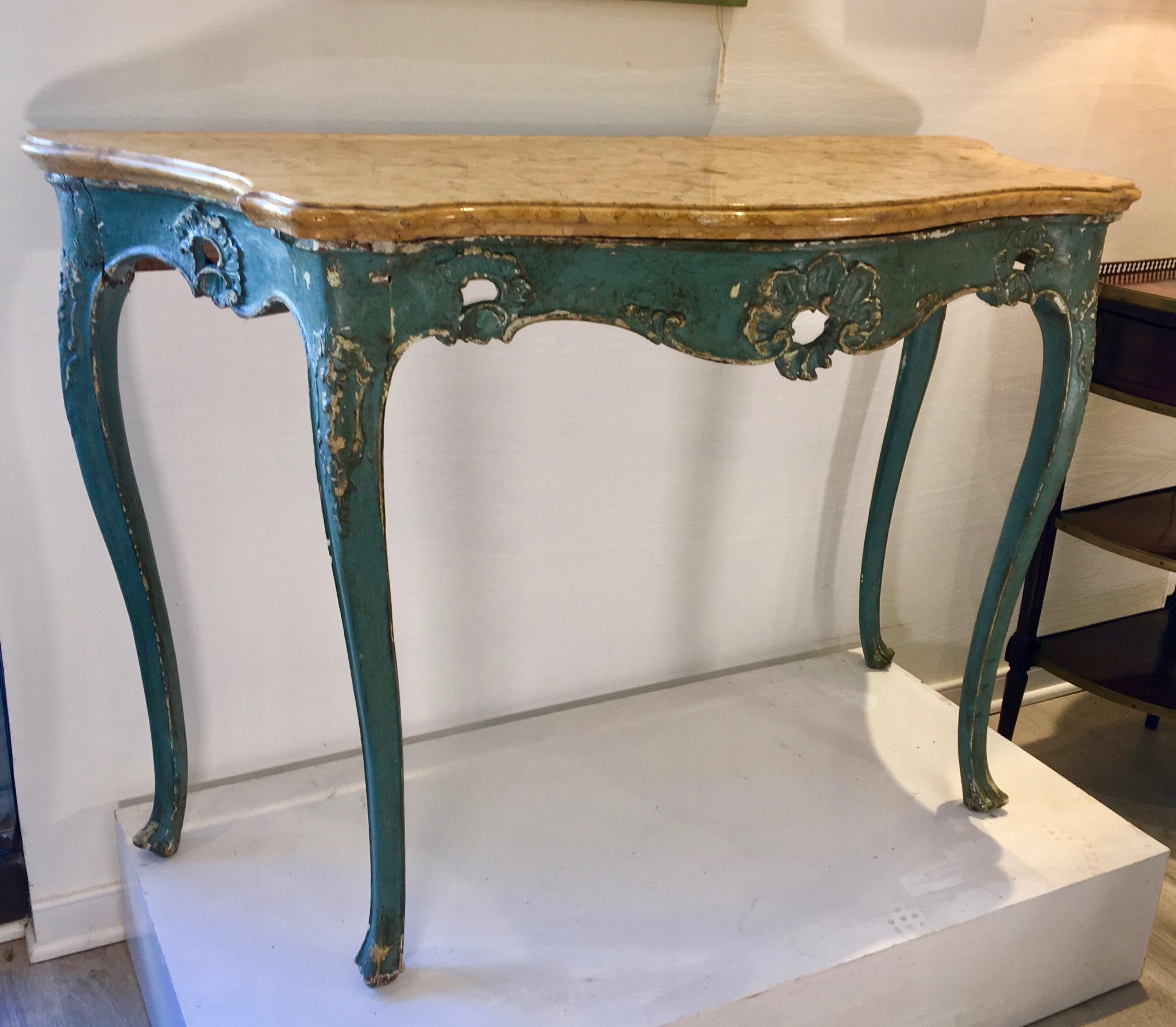 Carved Venetian Polychrome Console Table with Original Marble Top, 18th Century