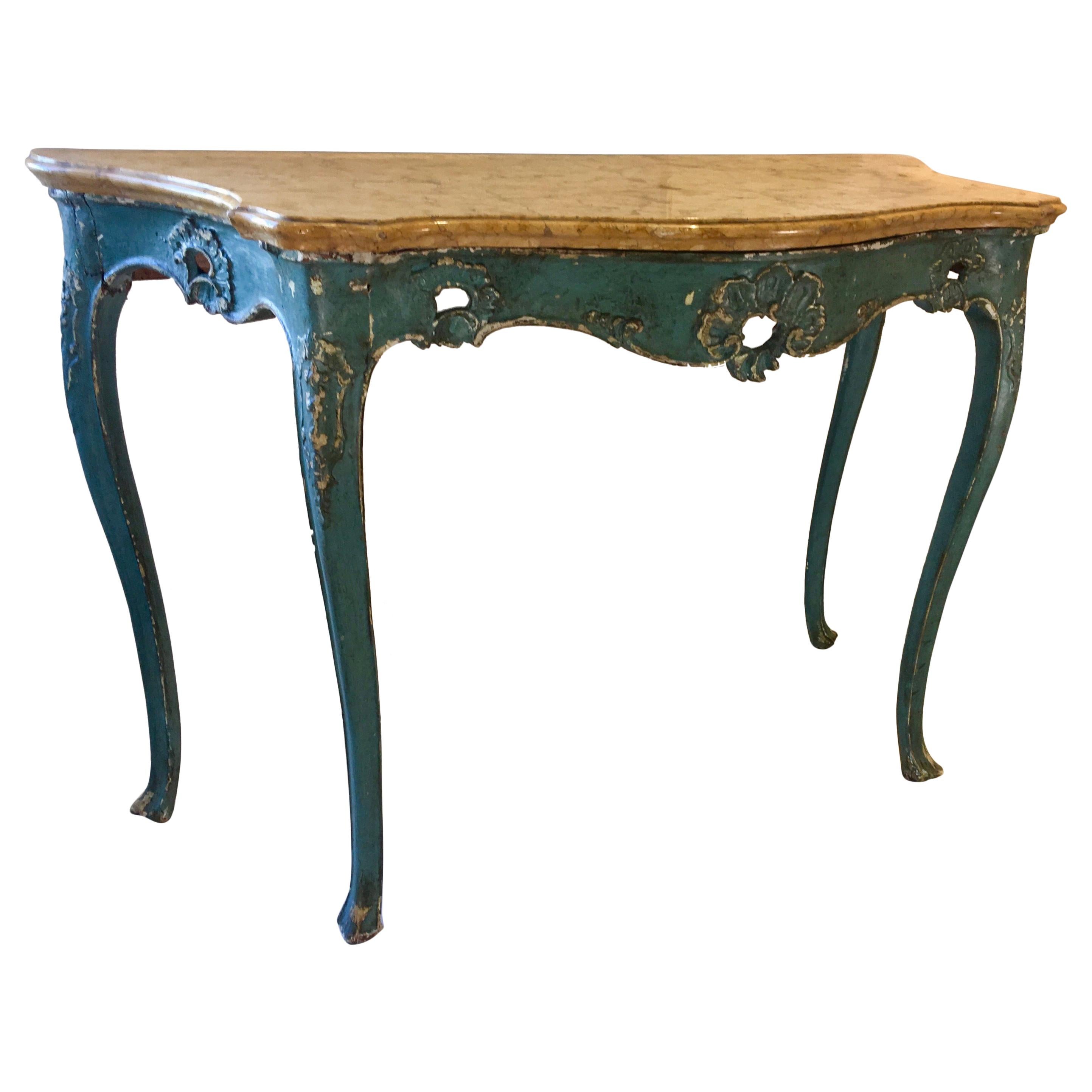 Venetian Polychrome Console Table with Original Marble Top, 18th Century