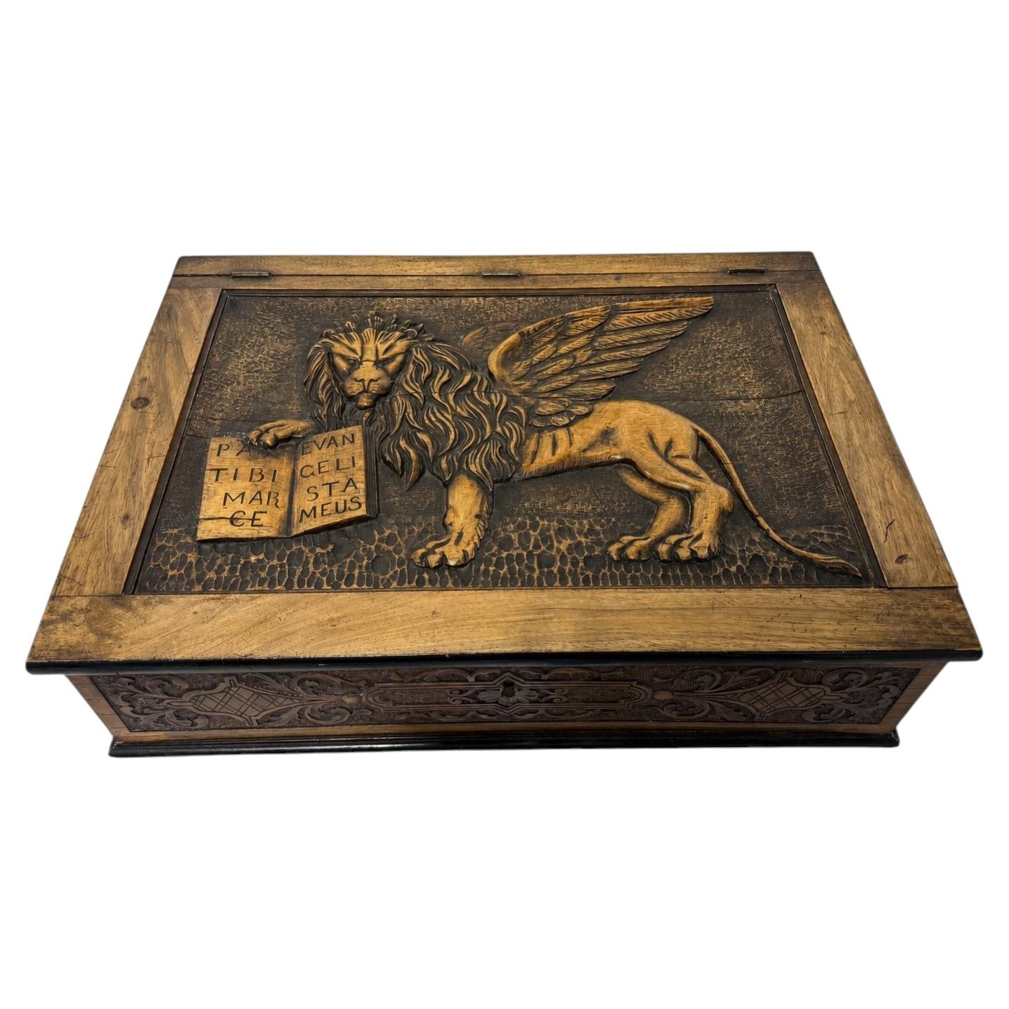 Venetian Renaissance Revival Carved Walnut Bible Casket With Lion Of Saint Mark For Sale