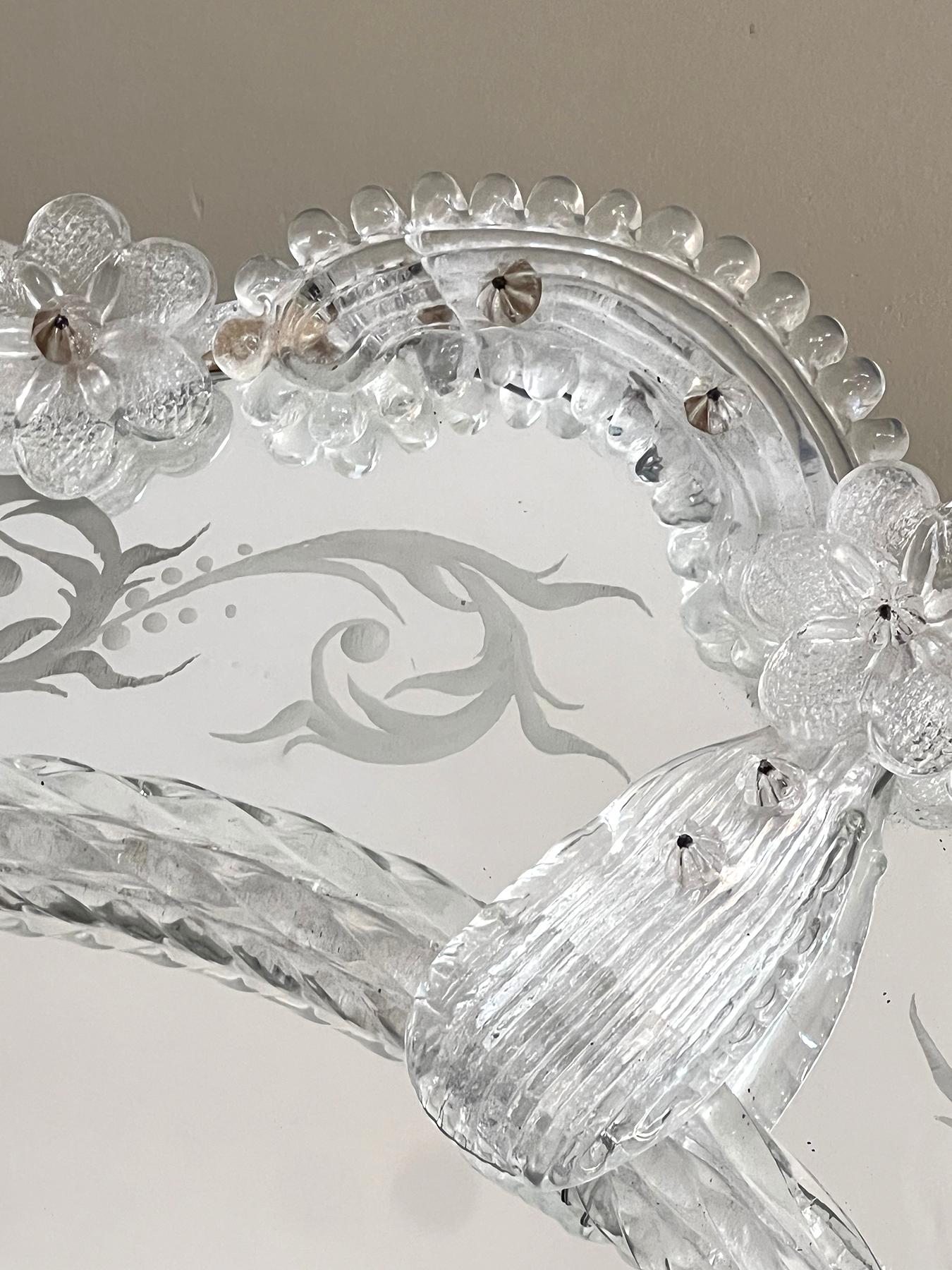Blown Glass Venetian Reverse-Etched Oval Mirror For Sale