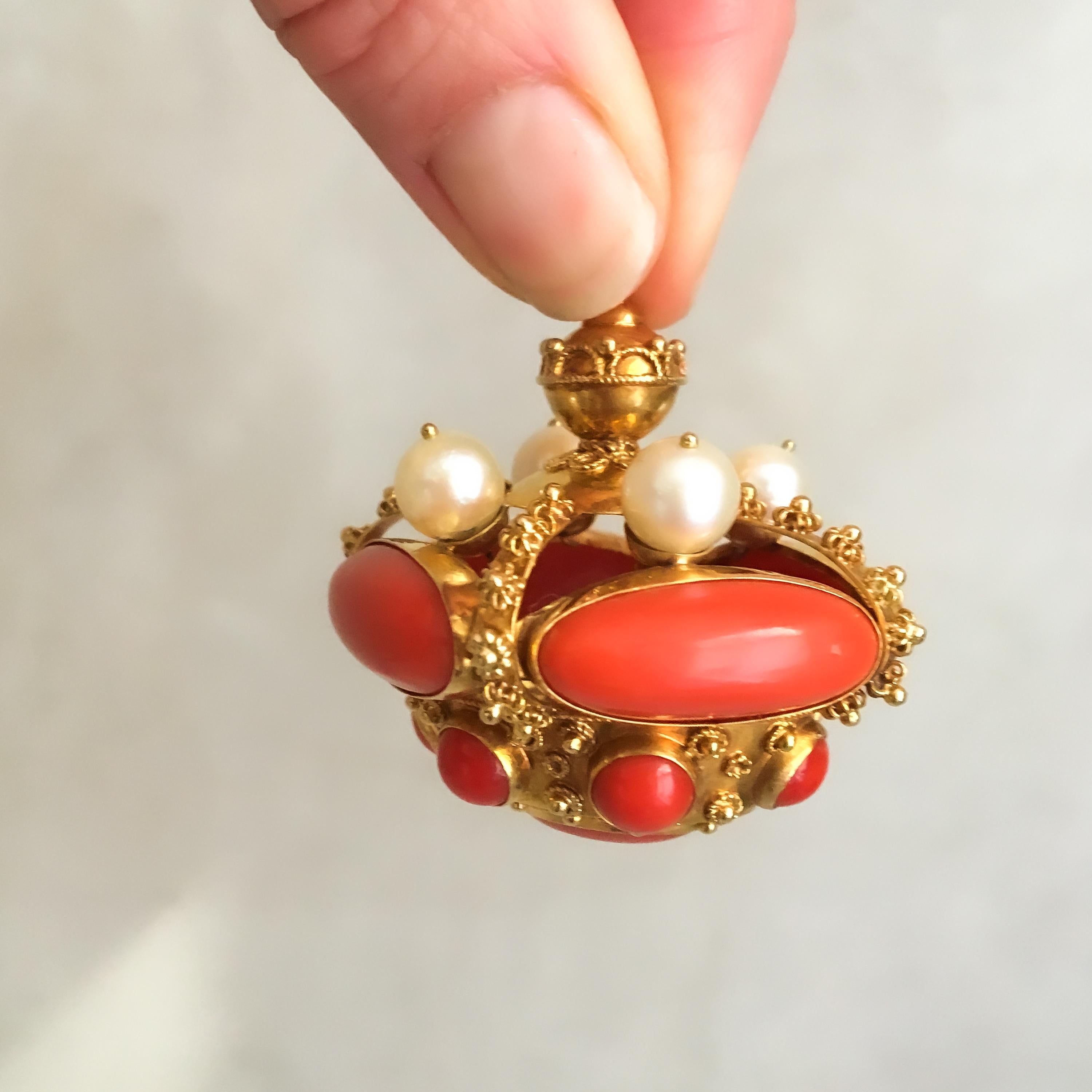 Oval Cut Venetian Revival Coral and Akoya Pearl 18K Gold Fob Charm Pendant