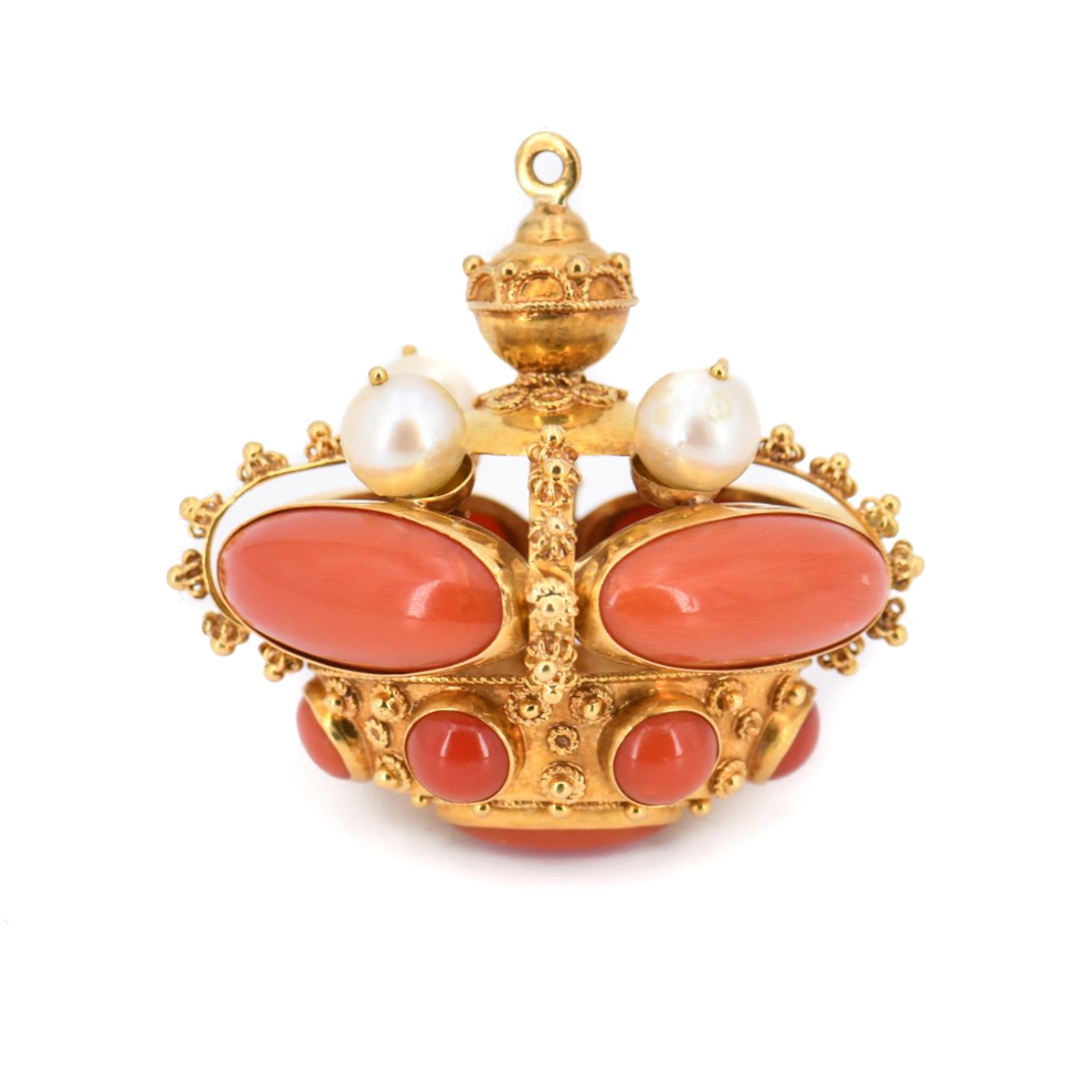 Venetian Revival Coral and Akoya Pearl 18K Gold Fob Charm Pendant In Good Condition In Rotterdam, NL