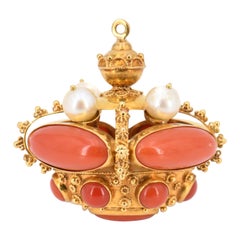 Venetian Revival Coral and Akoya Pearl 18K Gold Fob Charm Pendant