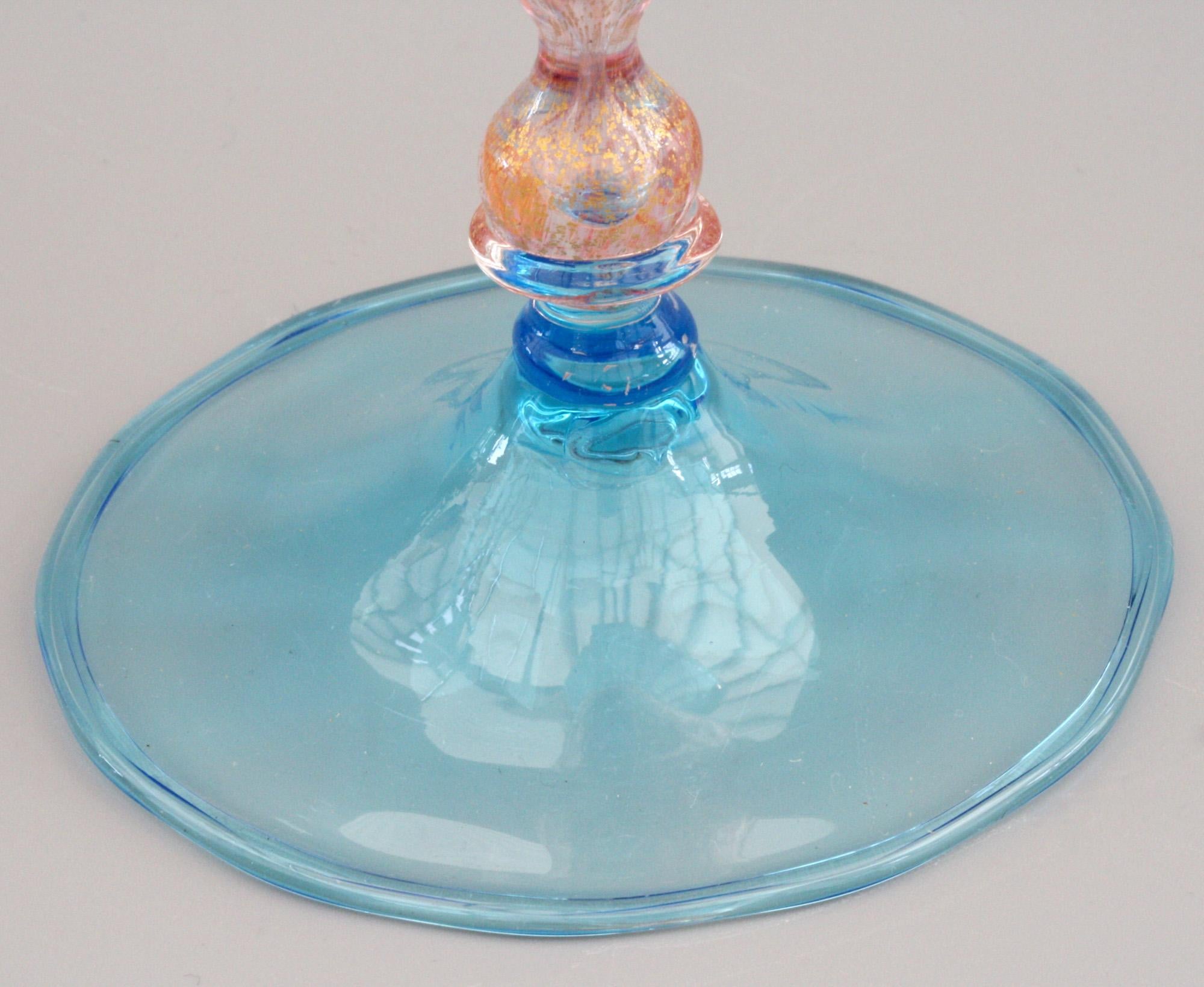 Early 20th Century Venetian Revival Murano Blue Trailed Wine Glass For Sale