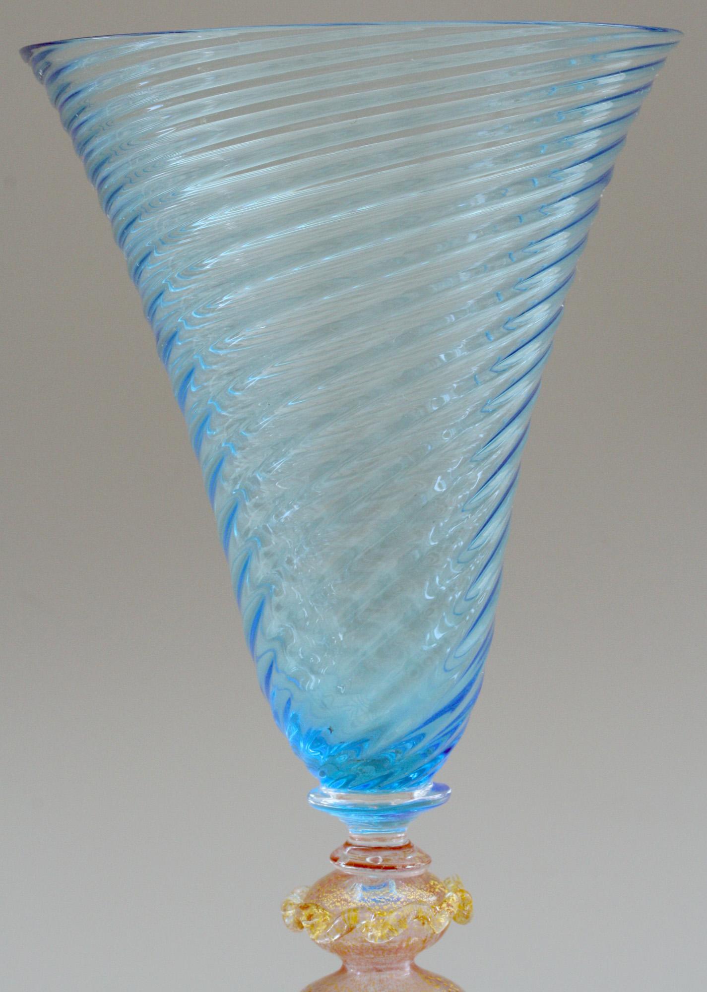 Hand-Crafted Venetian Revival Murano Blue Trailed Wine Glass For Sale