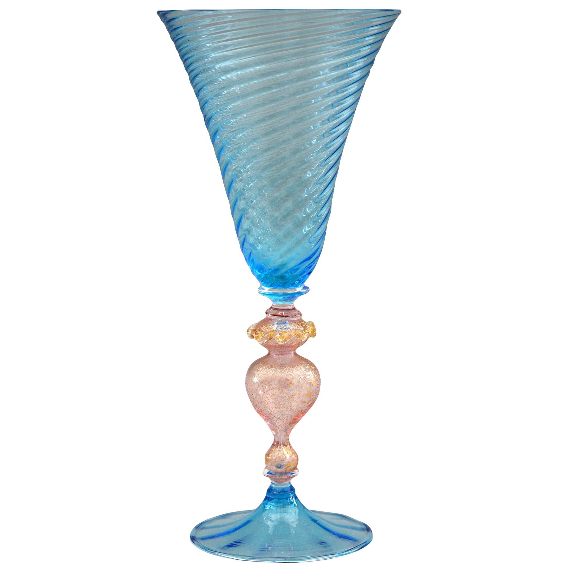 Venetian Revival Murano Blue Trailed Wine Glass For Sale