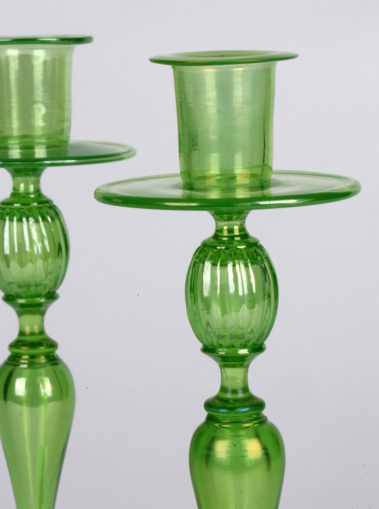 Venetian Revival Pair of Green Iridescent Glass Candlesticks 1