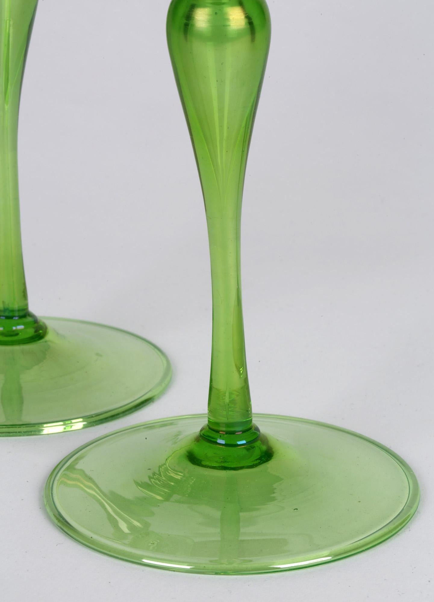 Venetian Revival Pair of Green Iridescent Glass Candlesticks 2