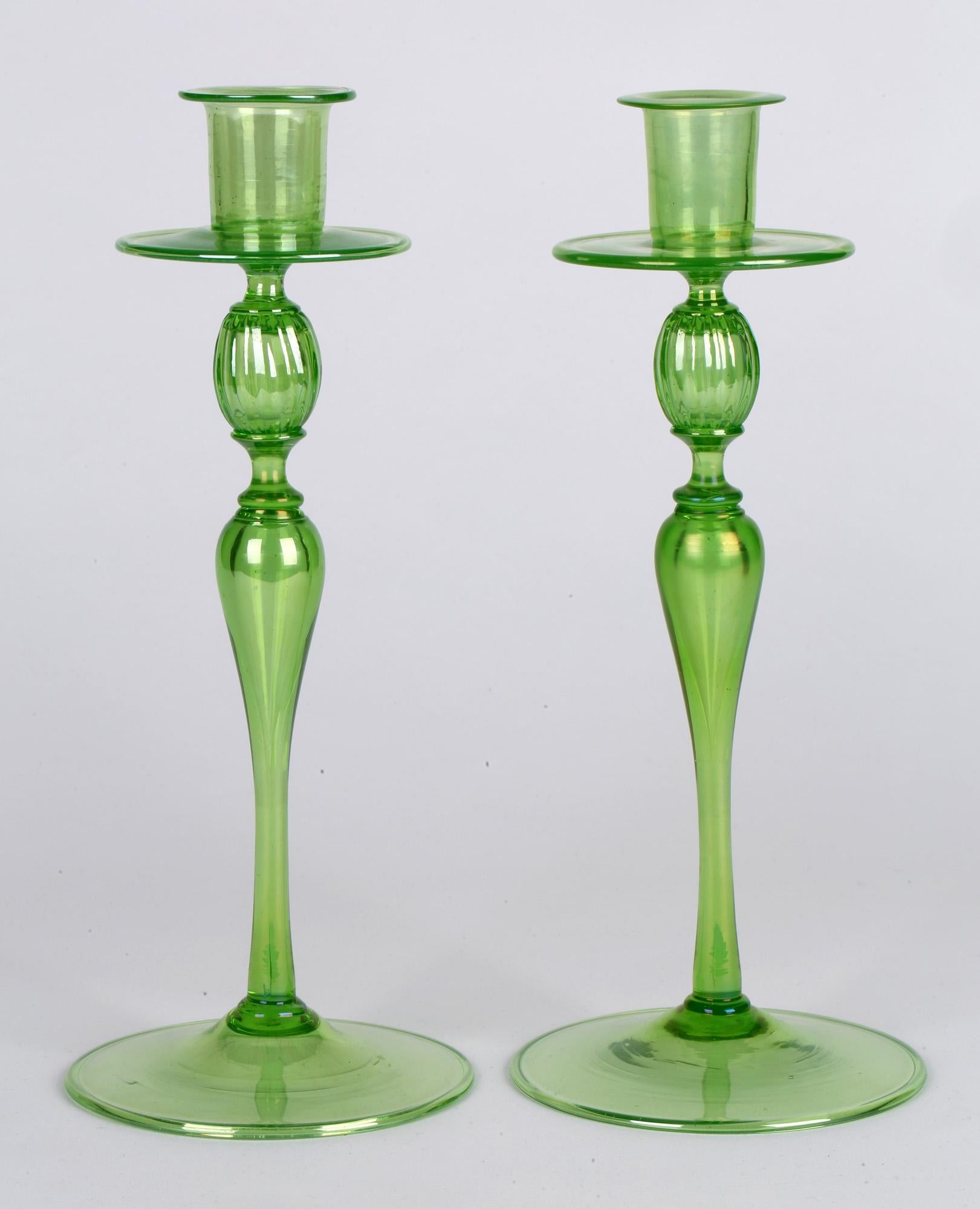 green glass candlesticks