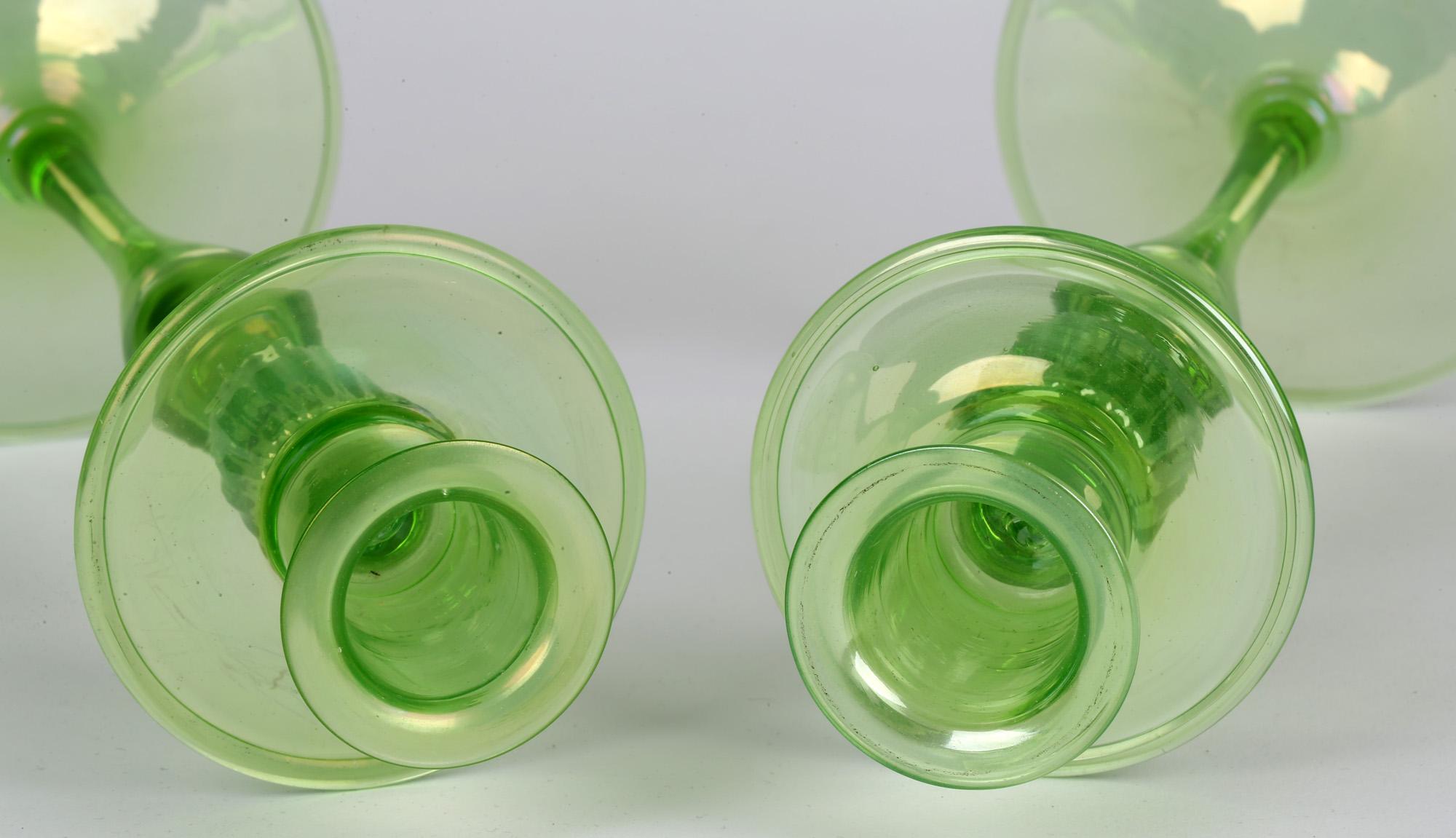 Italian Venetian Revival Pair of Green Iridescent Glass Candlesticks