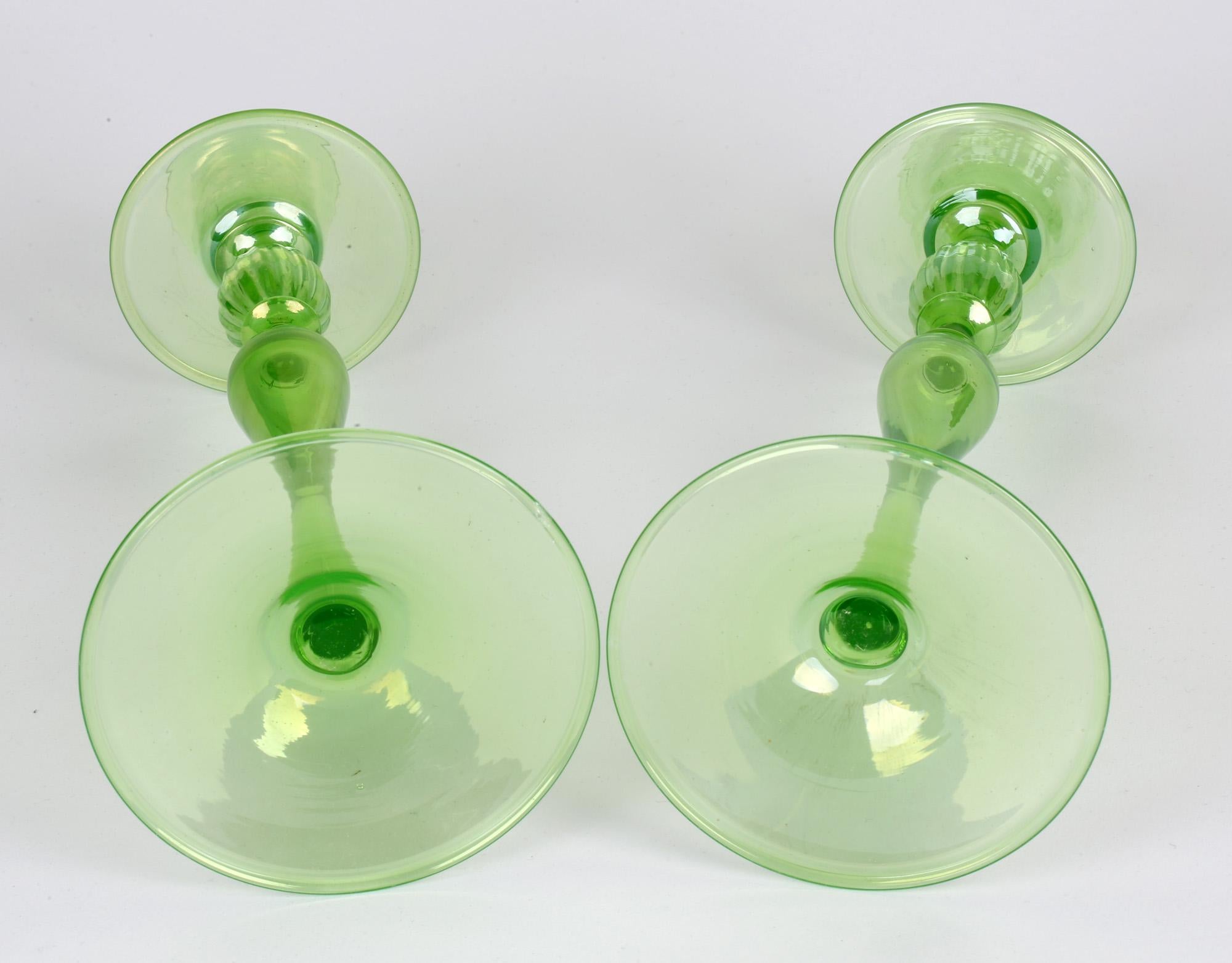 Hand-Crafted Venetian Revival Pair of Green Iridescent Glass Candlesticks