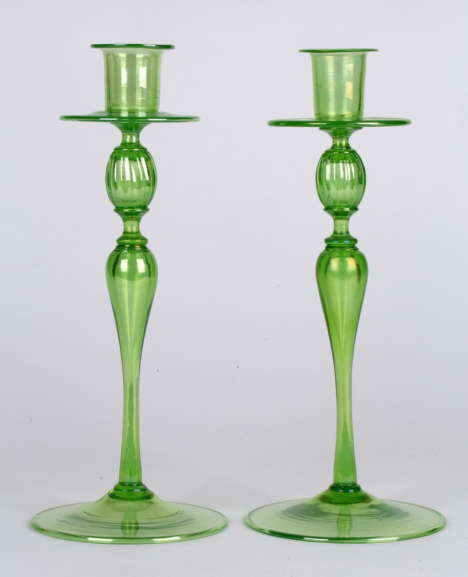Late 19th Century Venetian Revival Pair of Green Iridescent Glass Candlesticks