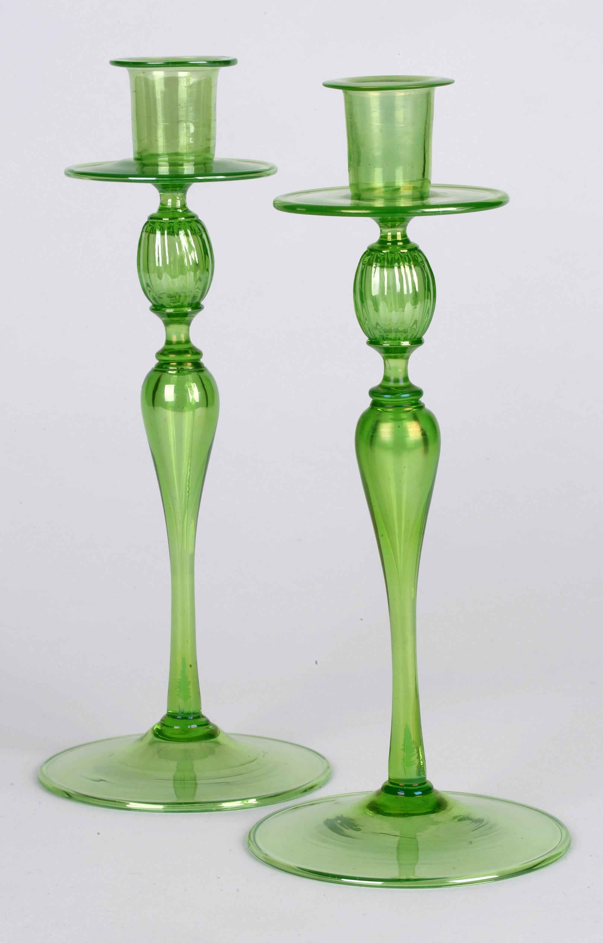Blown Glass Venetian Revival Pair of Green Iridescent Glass Candlesticks