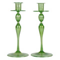 Venetian Revival Pair of Green Iridescent Glass Candlesticks