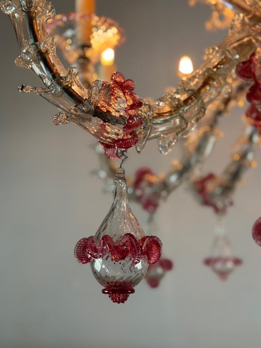 Venetian Rezzonico Chandelier In Colorless And Red Venice Glass Circa 1920 For Sale 3