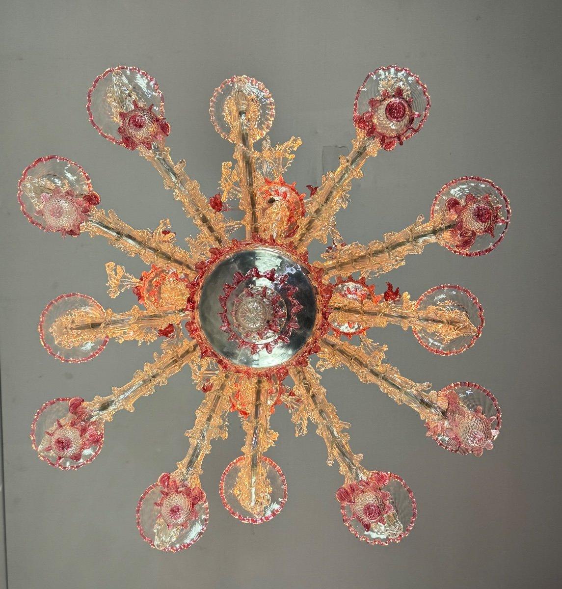 Venetian Rezzonico Chandelier In Colorless And Red Venice Glass Circa 1920 For Sale 4