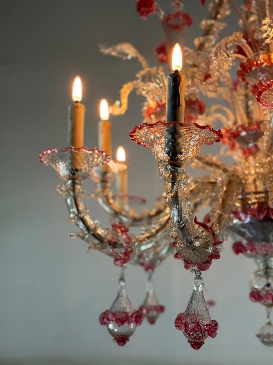 Louis XV Venetian Rezzonico Chandelier In Colorless And Red Venice Glass Circa 1920 For Sale