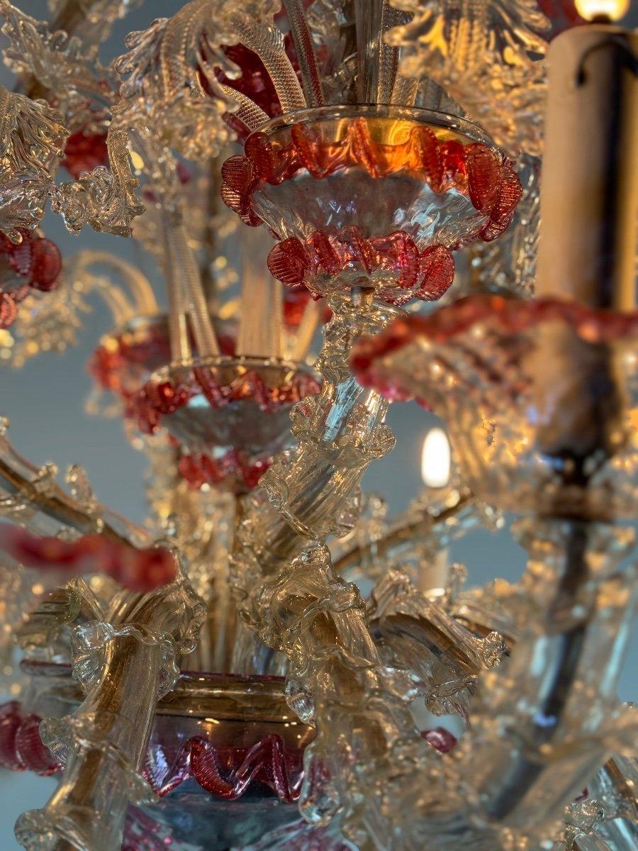 20th Century Venetian Rezzonico Chandelier In Colorless And Red Venice Glass Circa 1920 For Sale