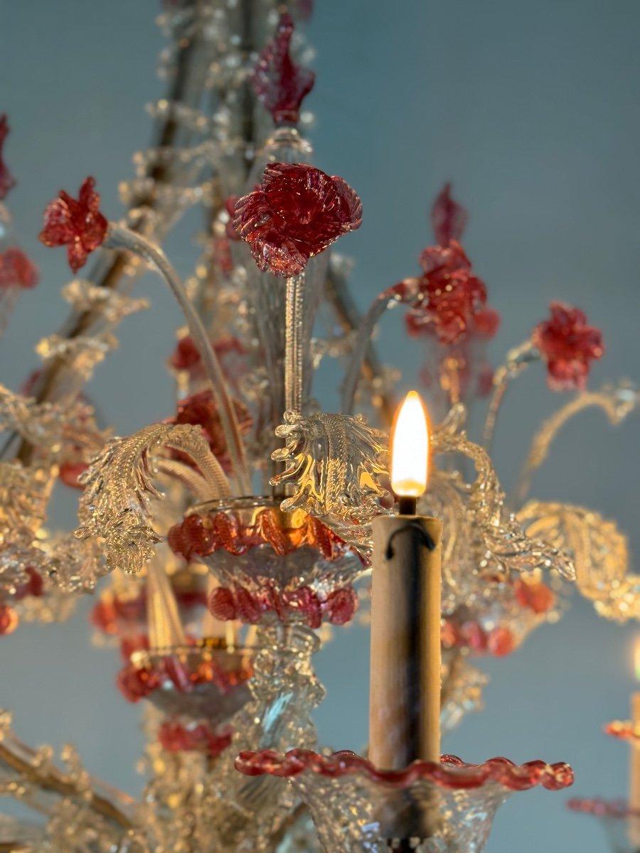 Metal Venetian Rezzonico Chandelier In Colorless And Red Venice Glass Circa 1920 For Sale