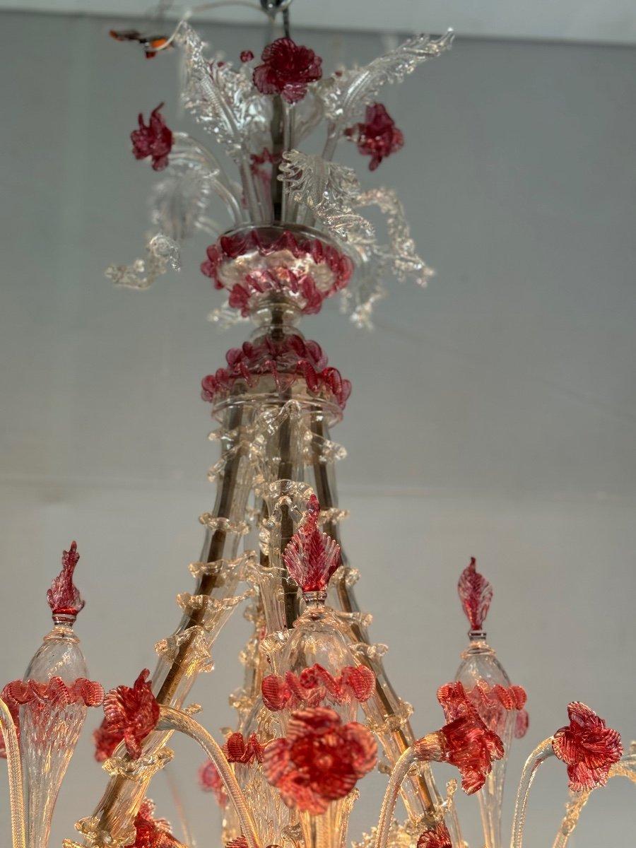 Venetian Rezzonico Chandelier In Colorless And Red Venice Glass Circa 1920 For Sale 1