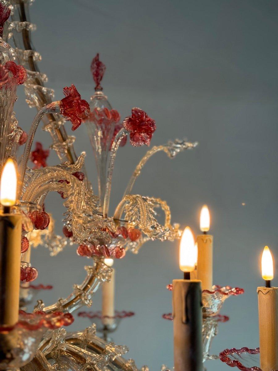 Venetian Rezzonico Chandelier In Colorless And Red Venice Glass Circa 1920 For Sale 2