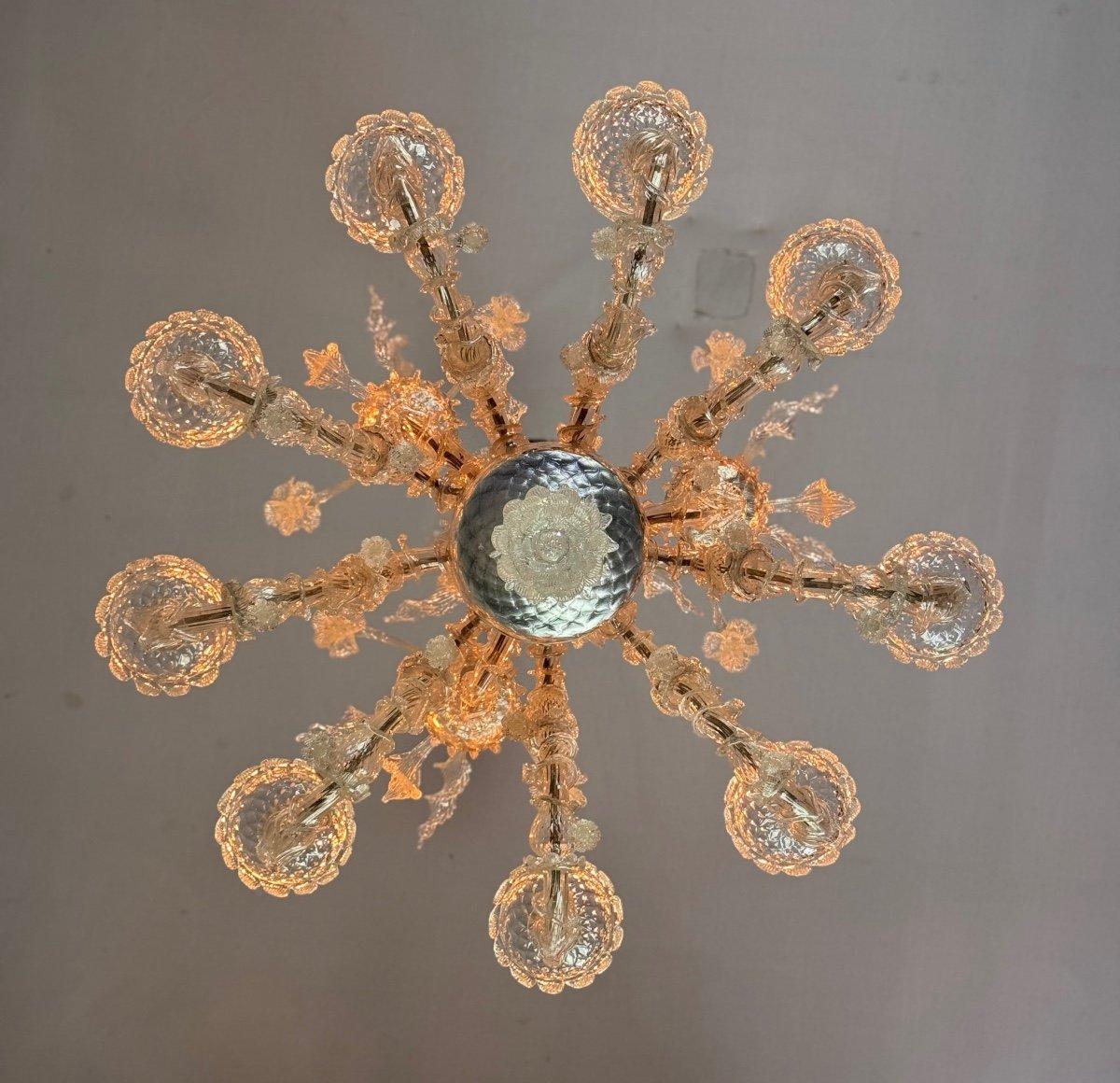 Louis XV Venetian Rezzonico Chandelier In Colorless Murano Glass Circa 1920