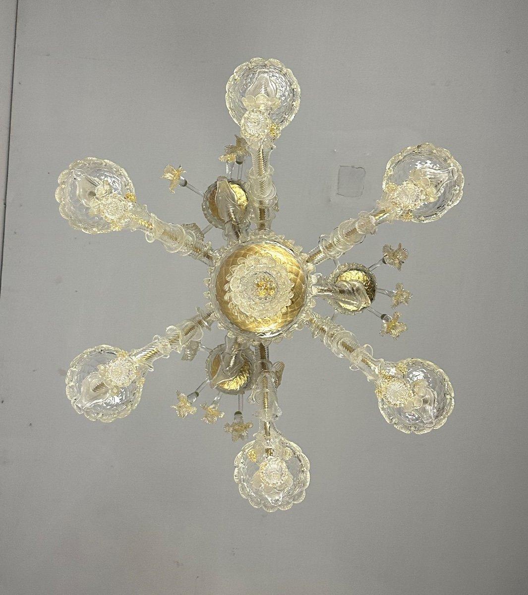 Venezianischer Rezzonico-Kronleuchter aus goldenem Murano-Glas, 6 Arme mit Lights CIRCA 1930 im Angebot 5