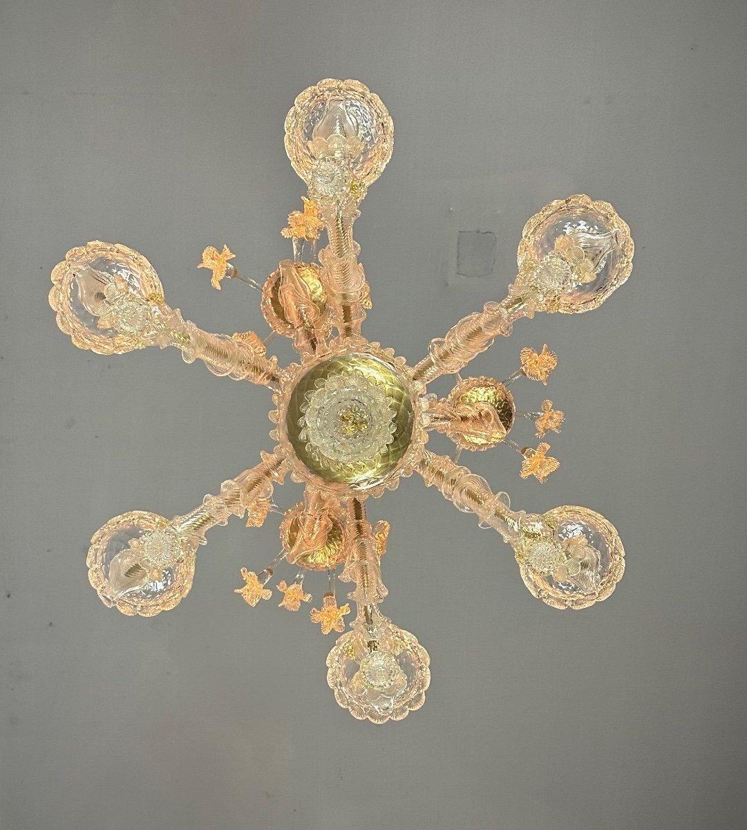 Venetian Rezzonico Chandelier In Golden Murano Glass, 6 Arms Of Light Circa 1930, new electrification