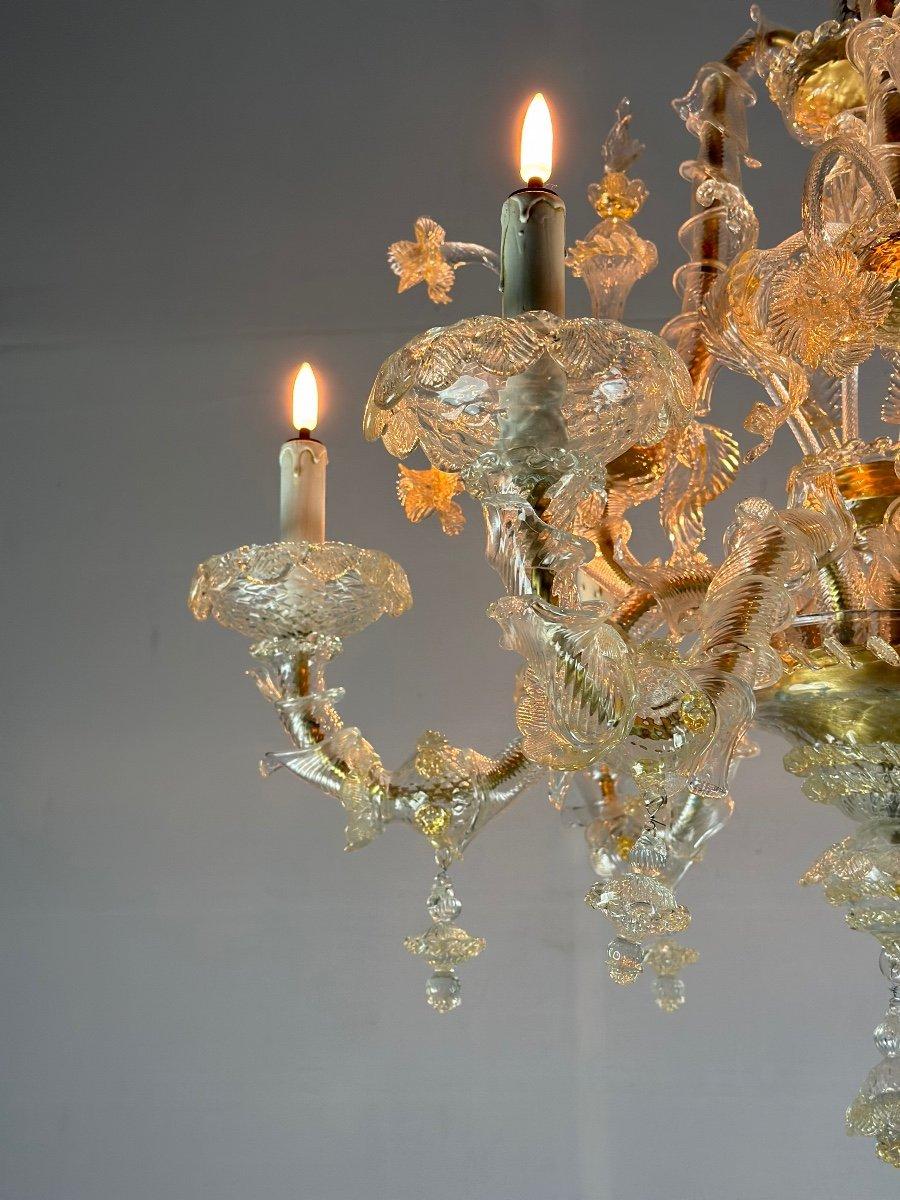 Venezianischer Rezzonico-Kronleuchter aus goldenem Murano-Glas, 6 Arme mit Lights CIRCA 1930 im Zustand „Hervorragend“ im Angebot in Honnelles, WHT