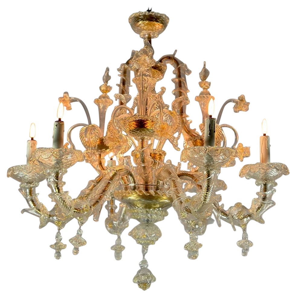 Venetian Rezzonico Chandelier In Golden Murano Glass, 6 Arms Of Light Circa 1930
