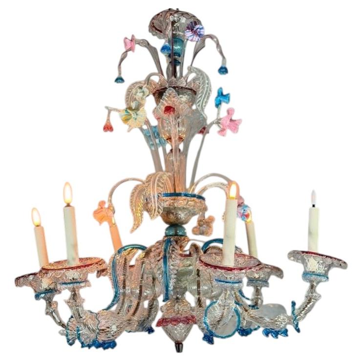 Venetian Rezzonico chandelier in multicolored Murano glass, around 1900 For Sale