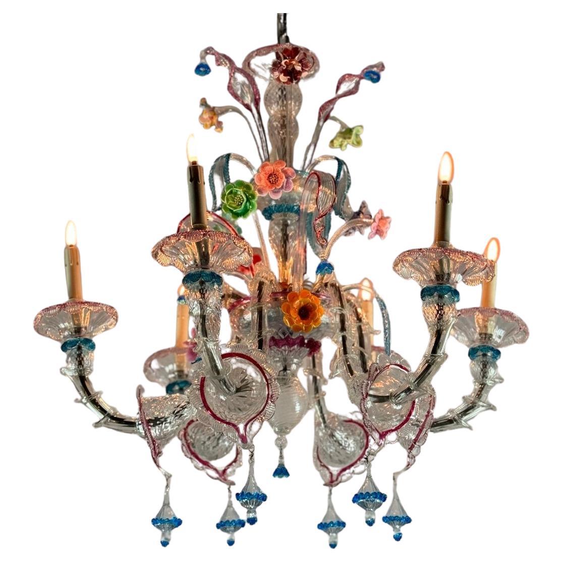 Venetian Rezzonico Chandelier In Multicolored Murano Glass Circa 1900 For Sale