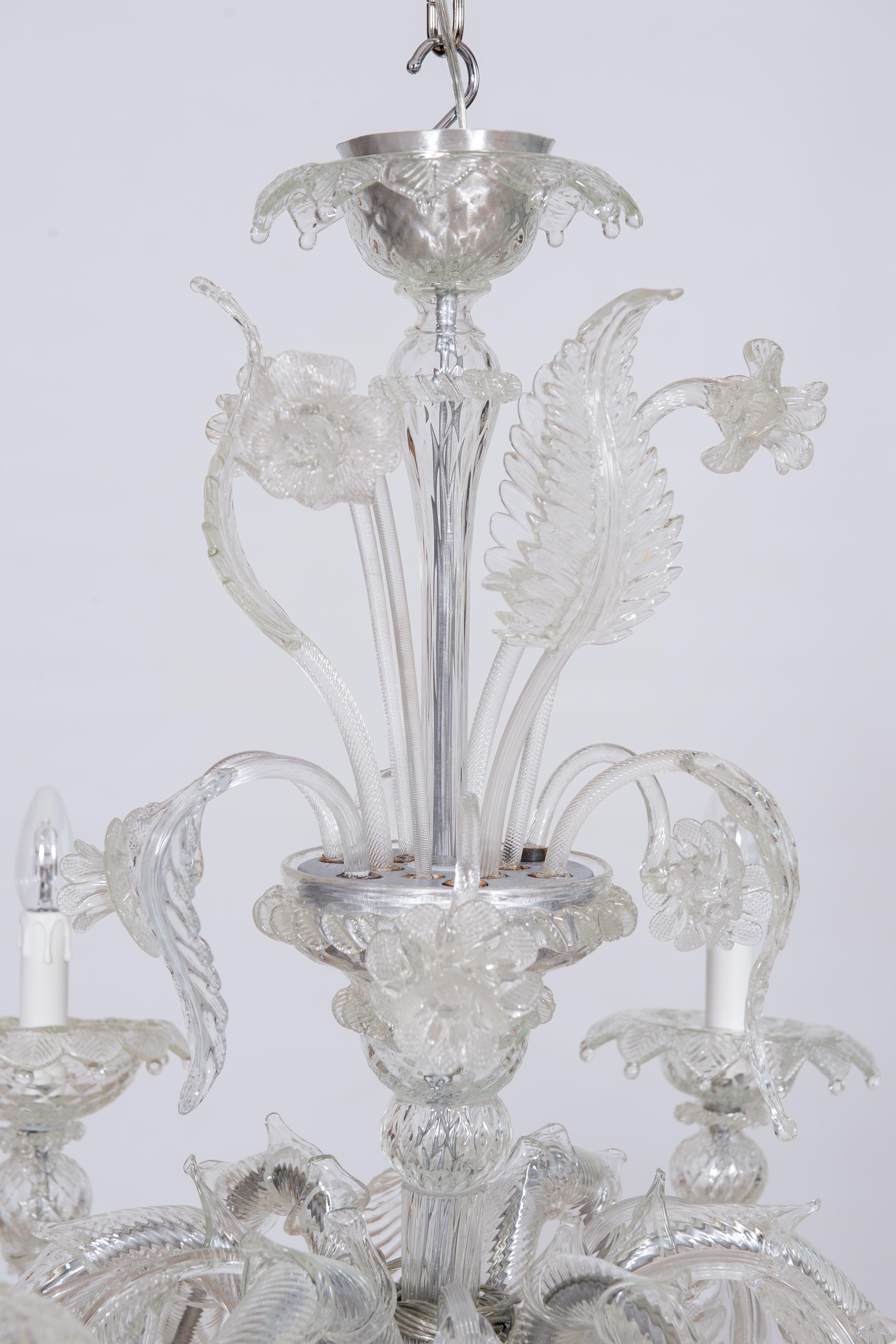 Italian Venetian Rezzonico Chandelier in Transparent Murano Glass with 6 Lights, Italy