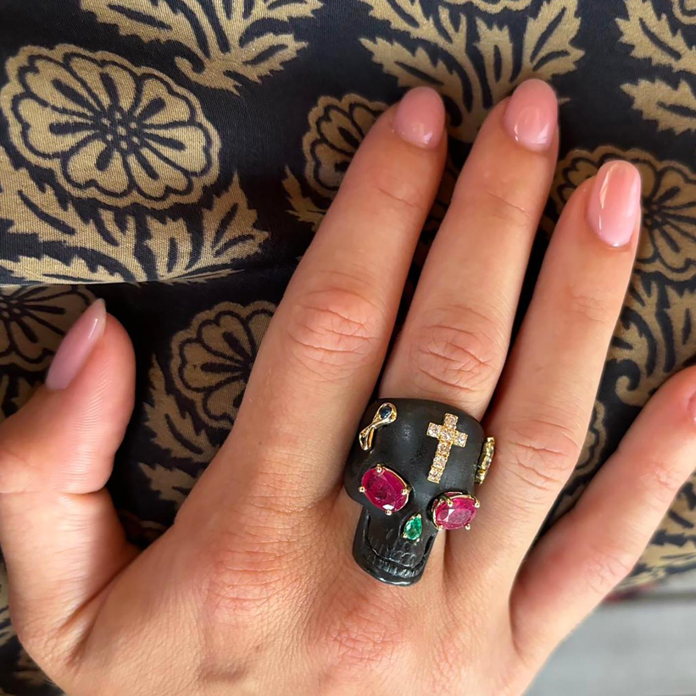 Berca Venetian Memento Mori 18kt Yellow Gold Ruby Diamond Emerald Sapphire Ring For Sale 4