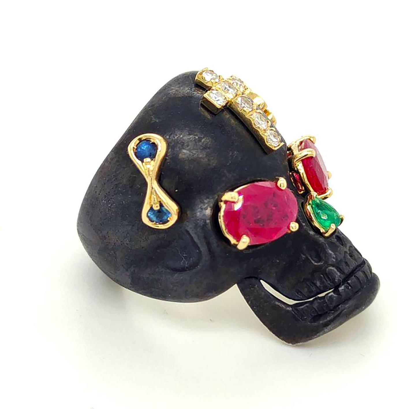 Medieval Berca Venetian Memento Mori 18kt Yellow Gold Ruby Diamond Emerald Sapphire Ring For Sale
