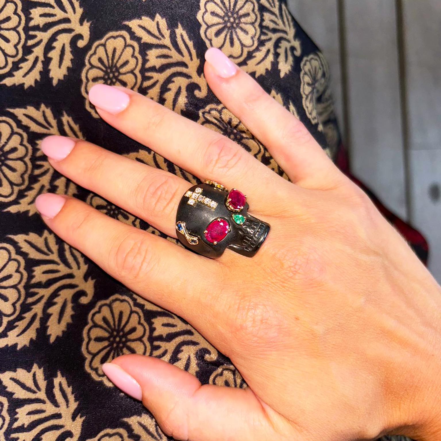 Oval Cut Berca Venetian Memento Mori 18kt Yellow Gold Ruby Diamond Emerald Sapphire Ring For Sale