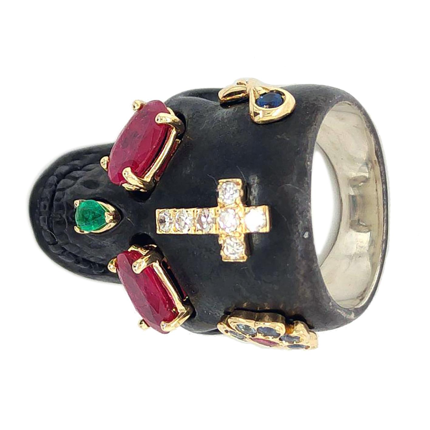 Berca Venetian Memento Mori 18kt Yellow Gold Ruby Diamond Emerald Sapphire Ring In New Condition For Sale In Valenza, IT