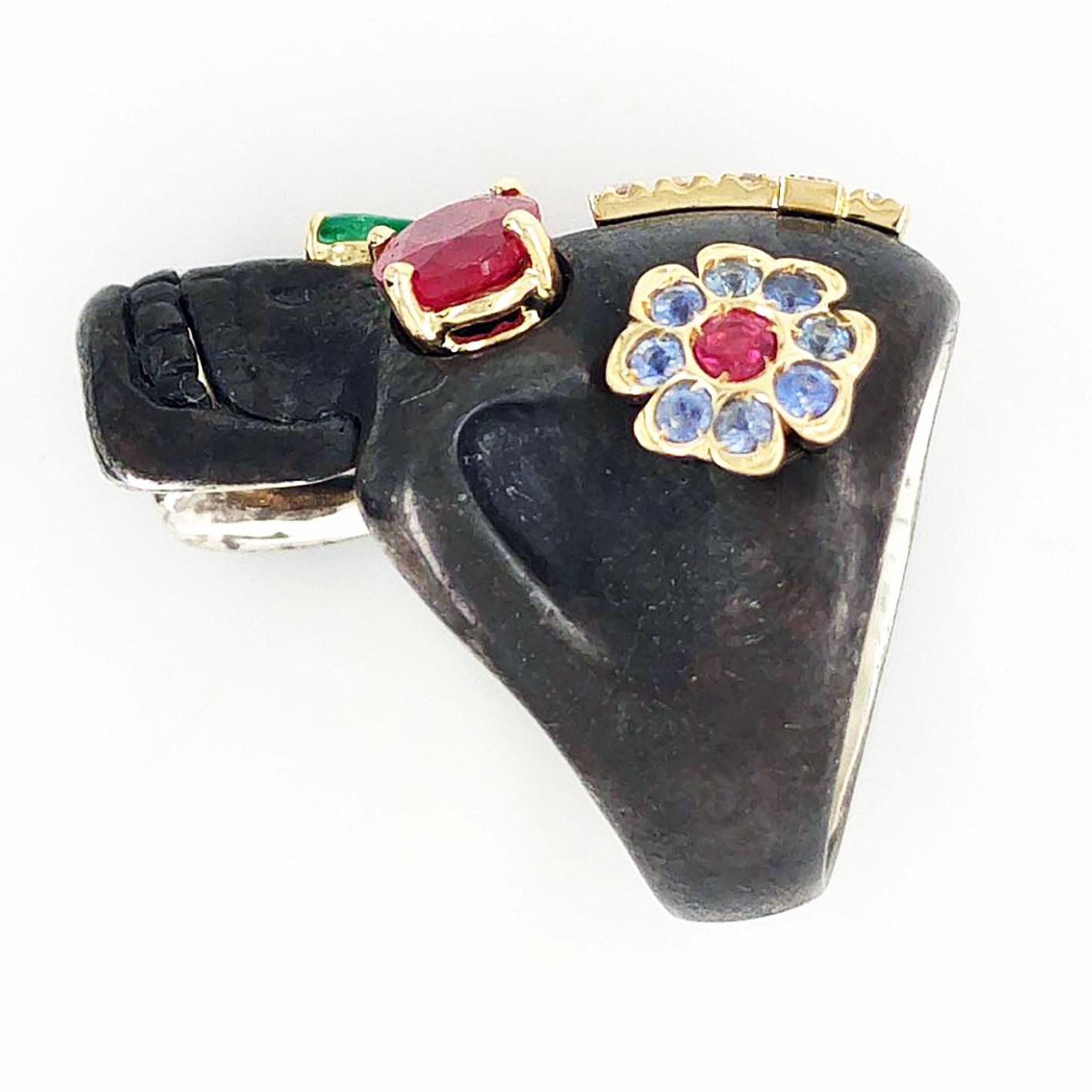 Women's or Men's Berca Venetian Memento Mori 18kt Yellow Gold Ruby Diamond Emerald Sapphire Ring For Sale