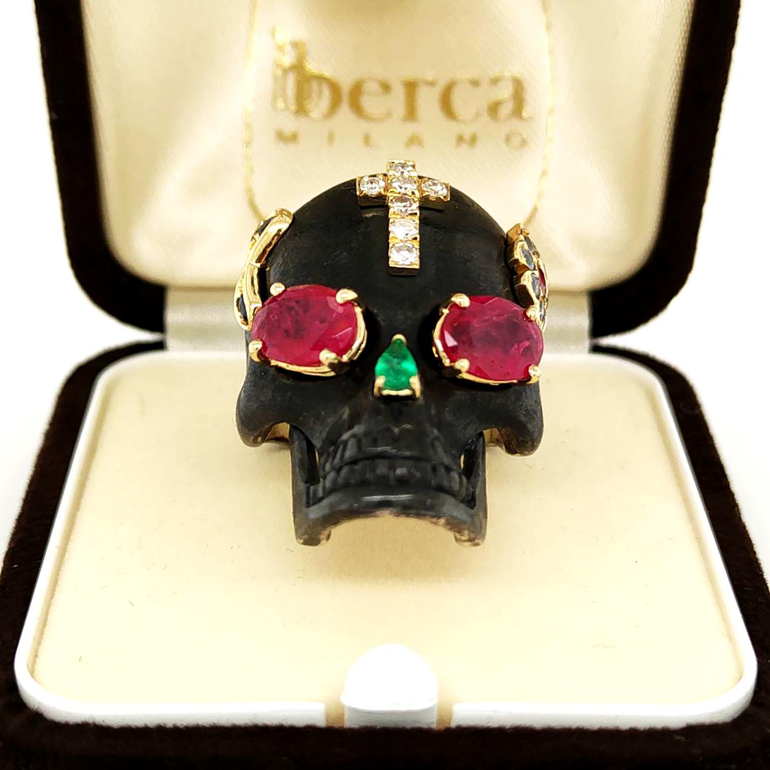 Berca Venetian Memento Mori 18kt Yellow Gold Ruby Diamond Emerald Sapphire Ring For Sale 2