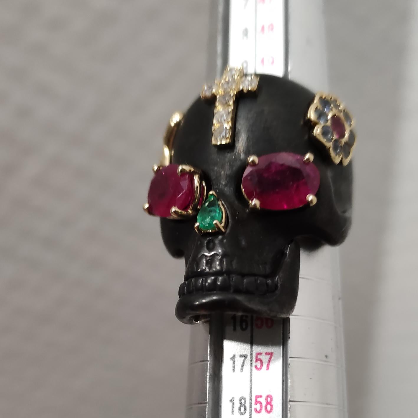 Berca Venetian Memento Mori 18kt Yellow Gold Ruby Diamond Emerald Sapphire Ring For Sale 3