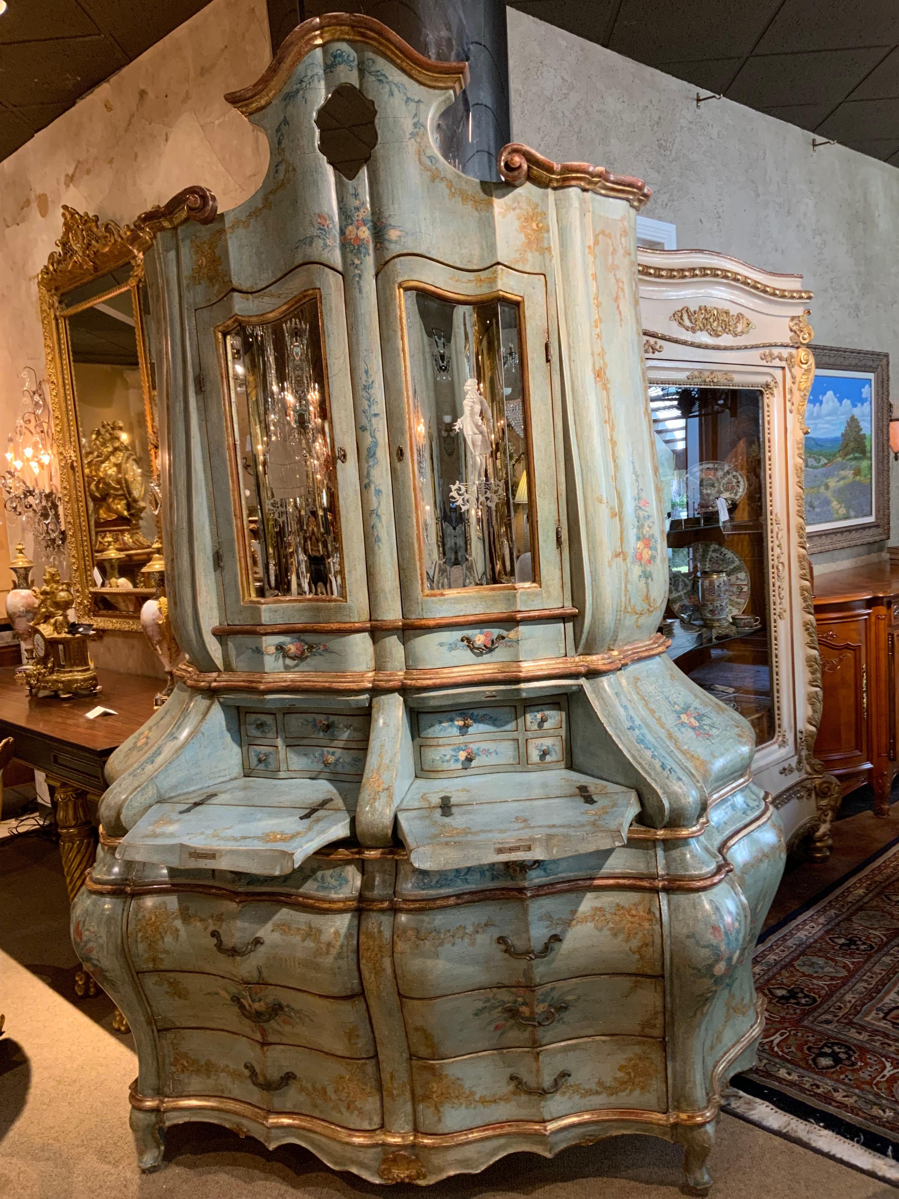 Hand-Painted Venetian rococo 19 th century bureau/secretaire hand painted For Sale