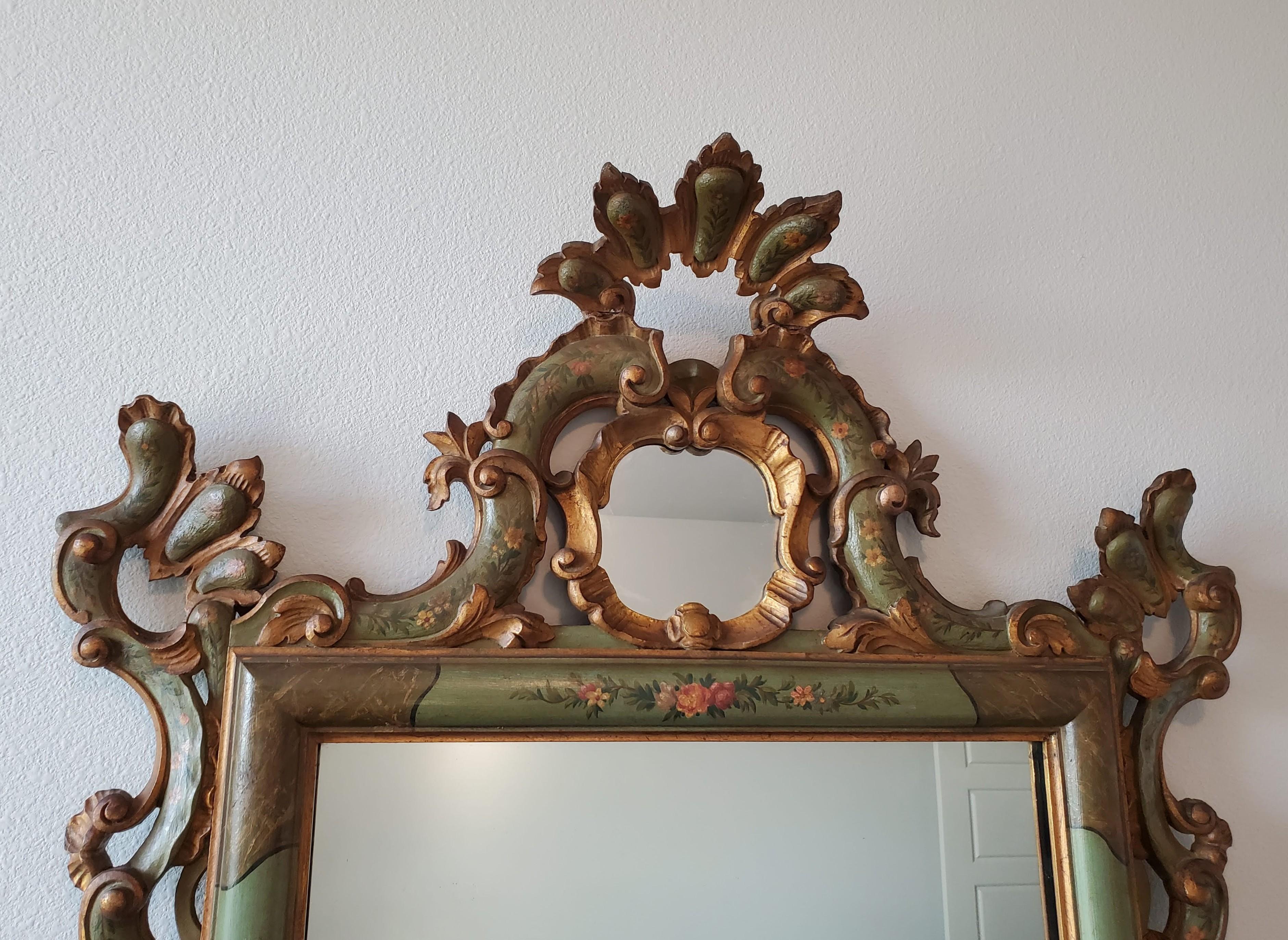 Venetian Rococo Carved Polychrome Painted Green Gilt Wood Frame Wall Mirror For Sale 3